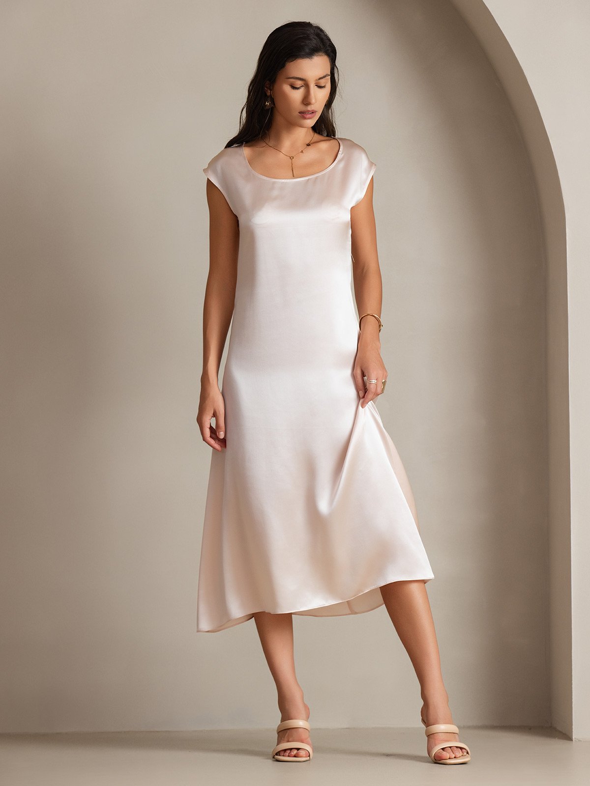 19Momme Silk Cap Sleeve Round Neck Midi Dress