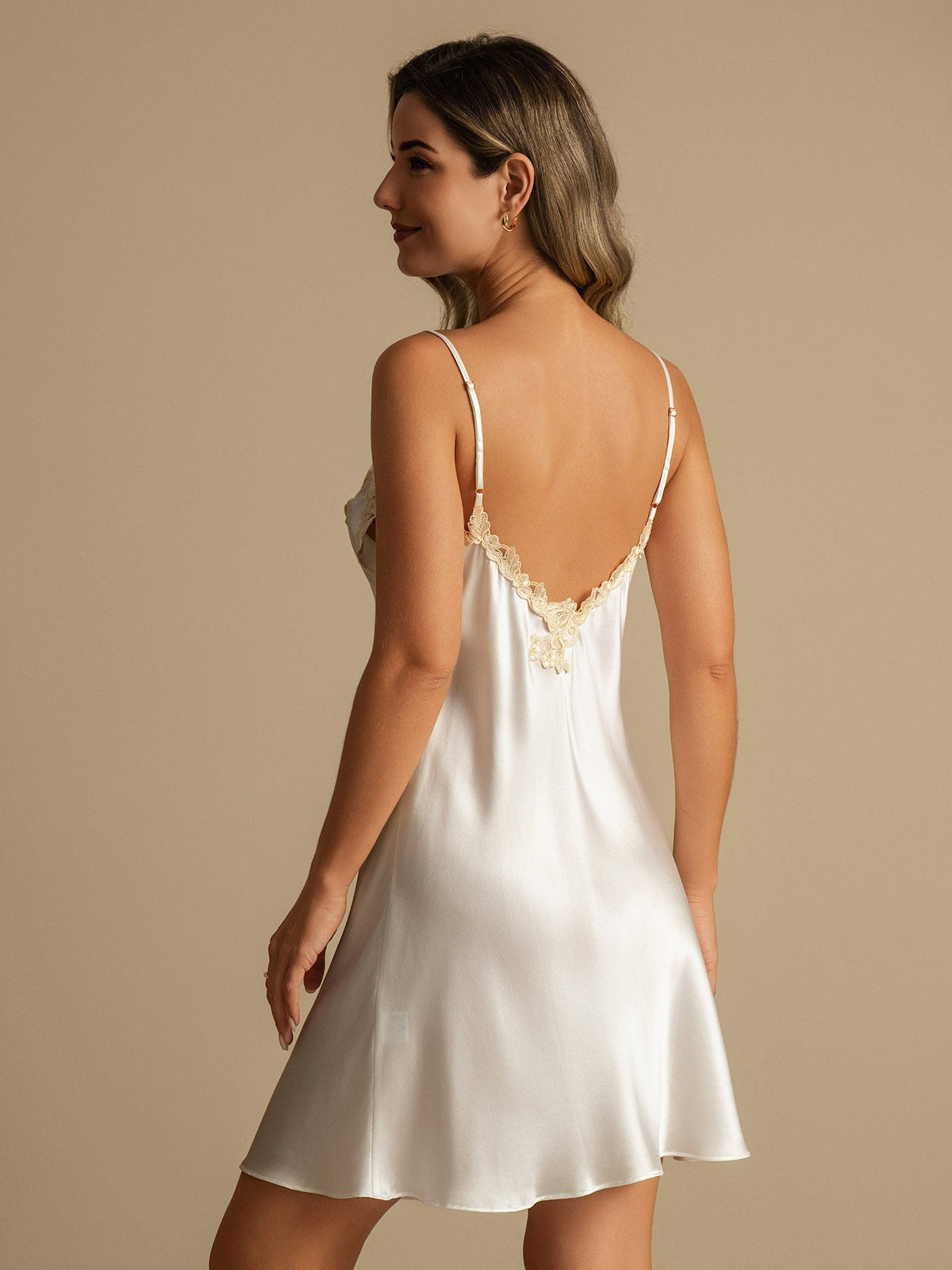 Pure Silk Spaghetti Strap Mini Nightdress with Lace V-Back Design