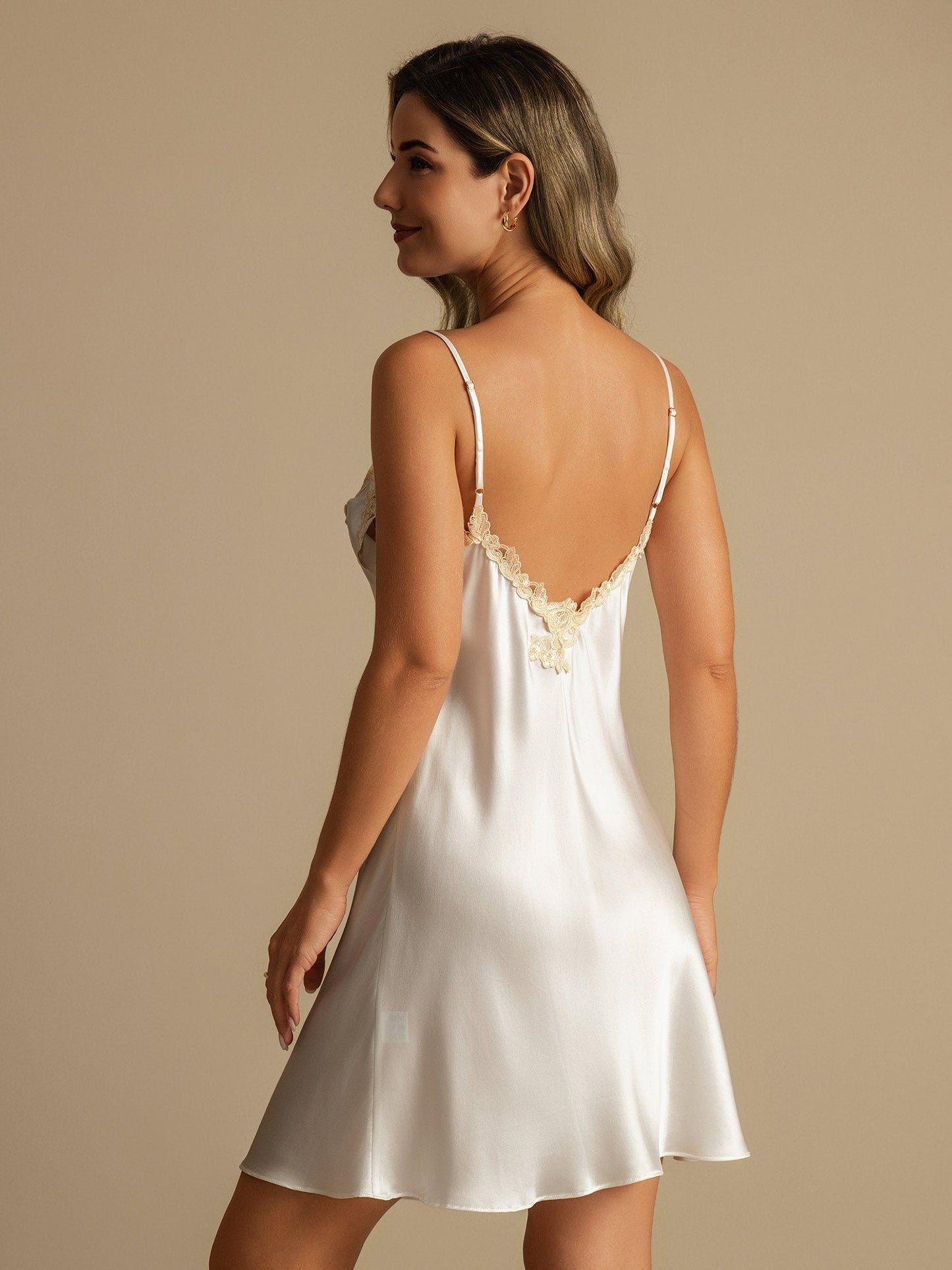 Pure Silk Spaghetti Strap Mini Nightdress with Lace V-Back Design