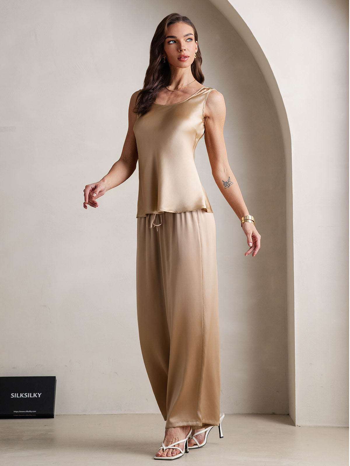 Pure Silk Sleeveless U-Neck Tank Top & Wide Leg Pants Set