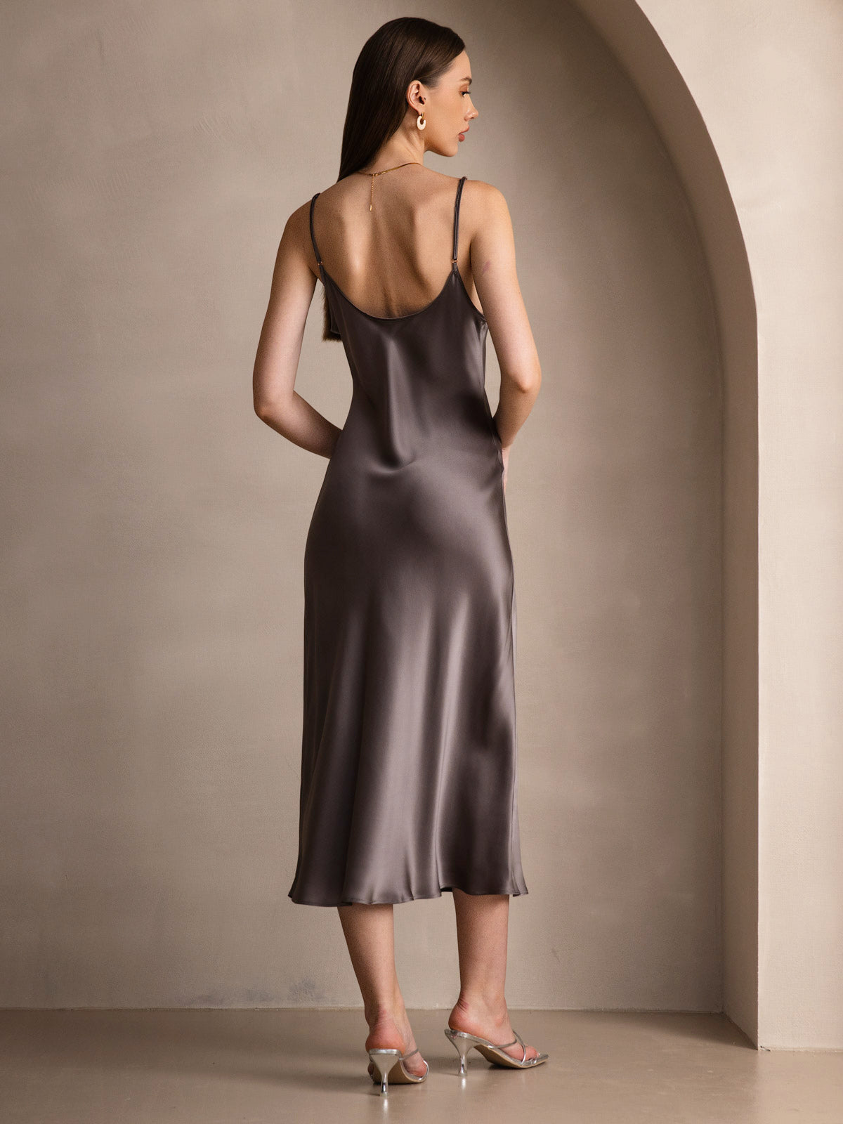 Pure Silk Spaghetti Strap V Neck Midi Dress