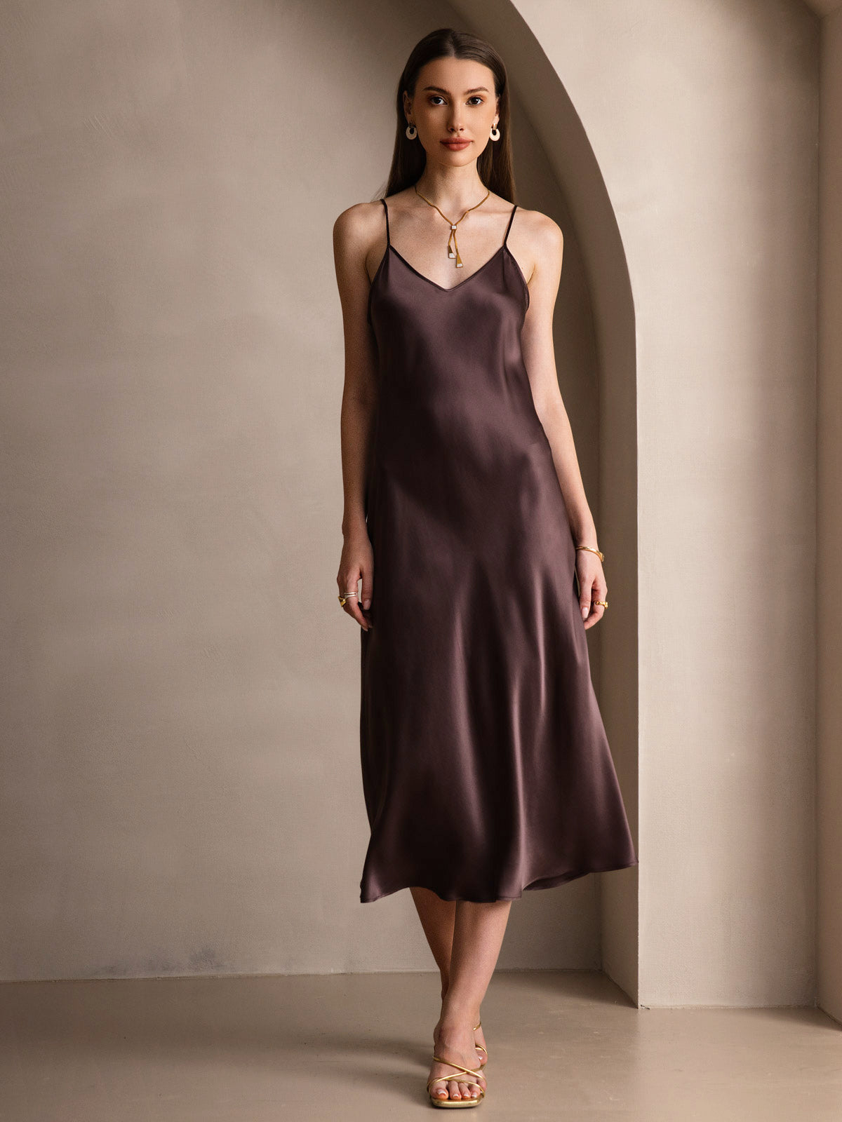 Pure Silk Spaghetti Strap Midi Dress