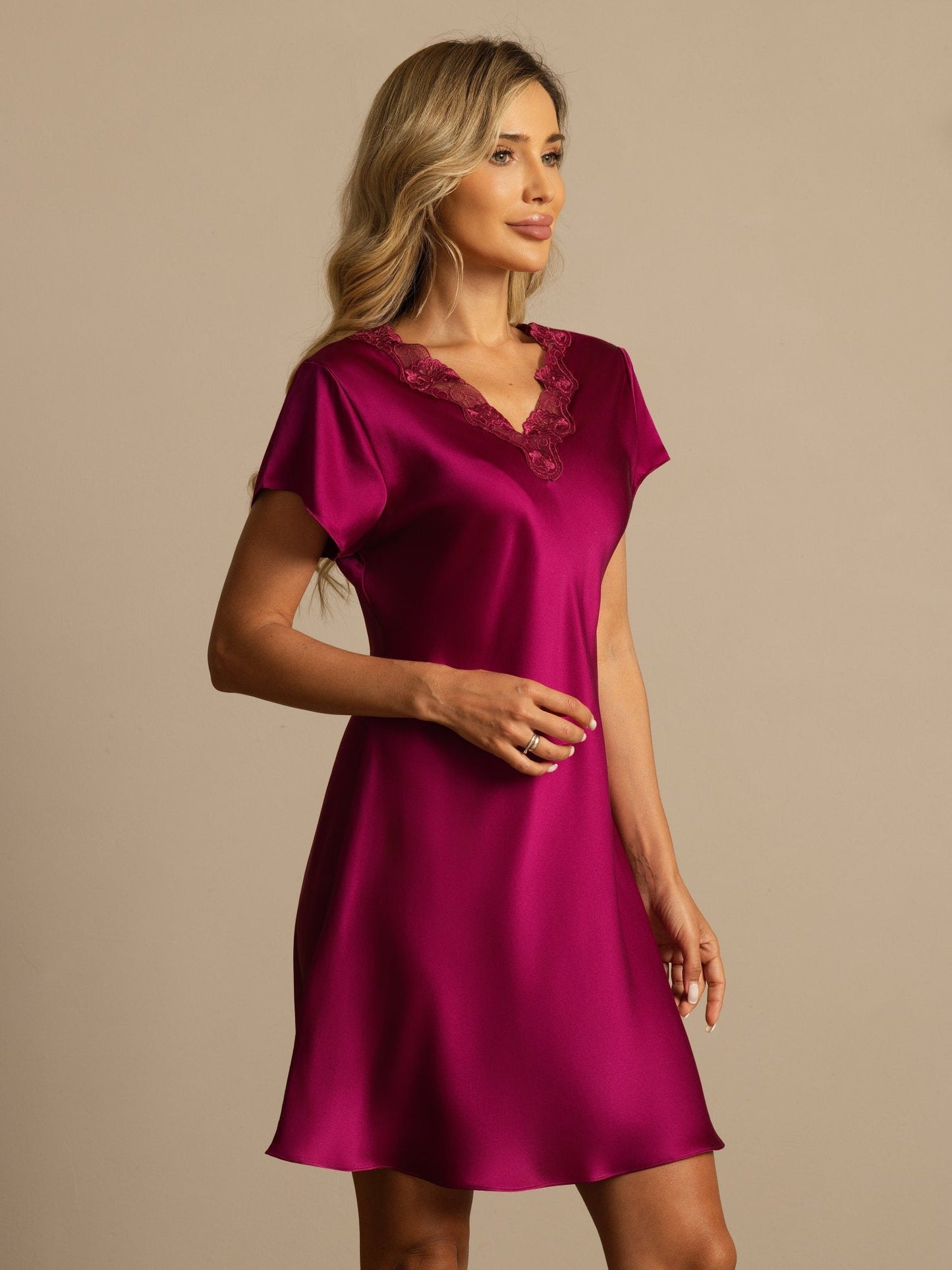 Pure Silk Short Sleeve V-neck Short Nightdress with Lace Split Design