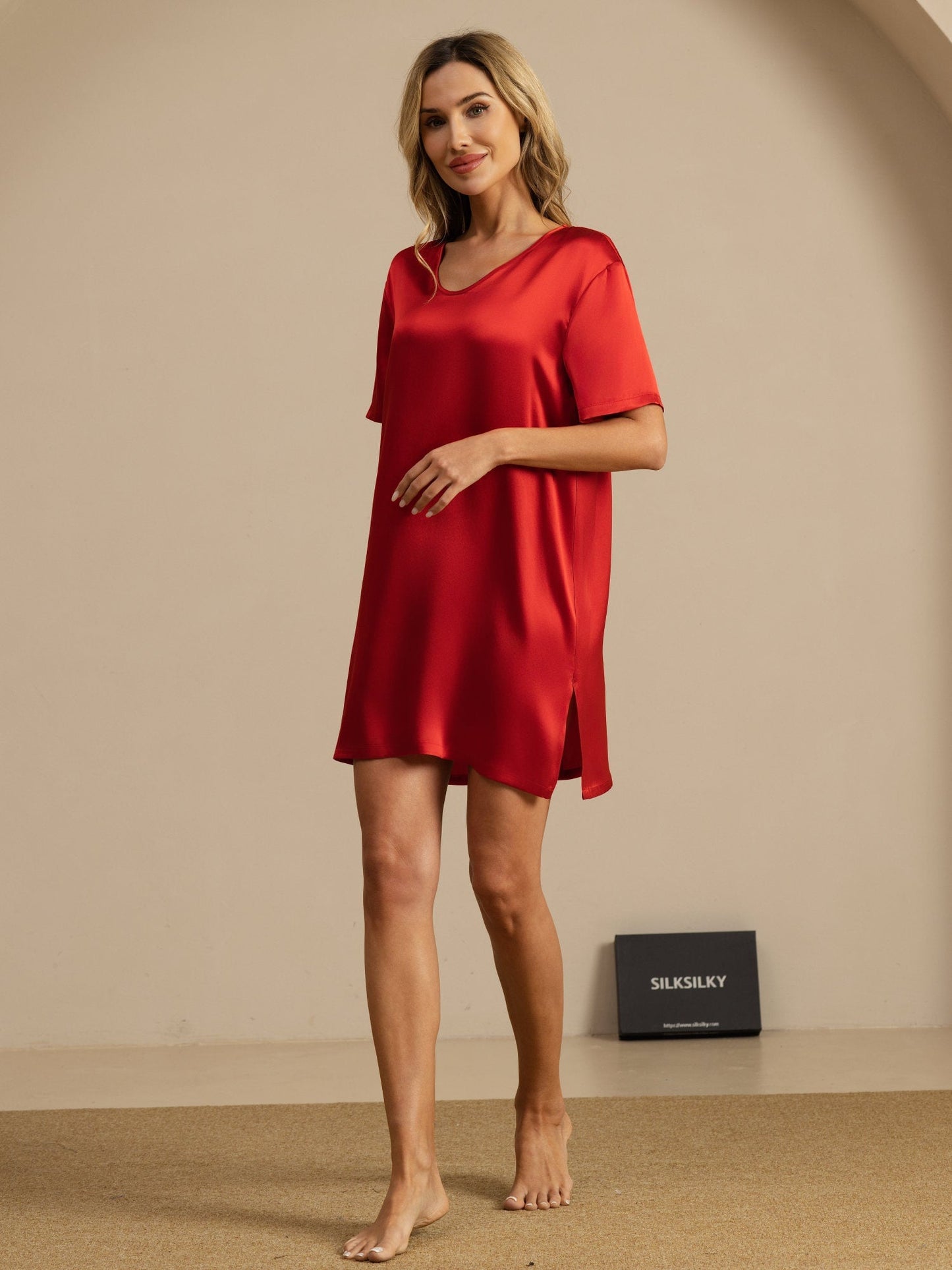 Pure Silk Half Sleeve V-neck Short Nightdress with Split Design