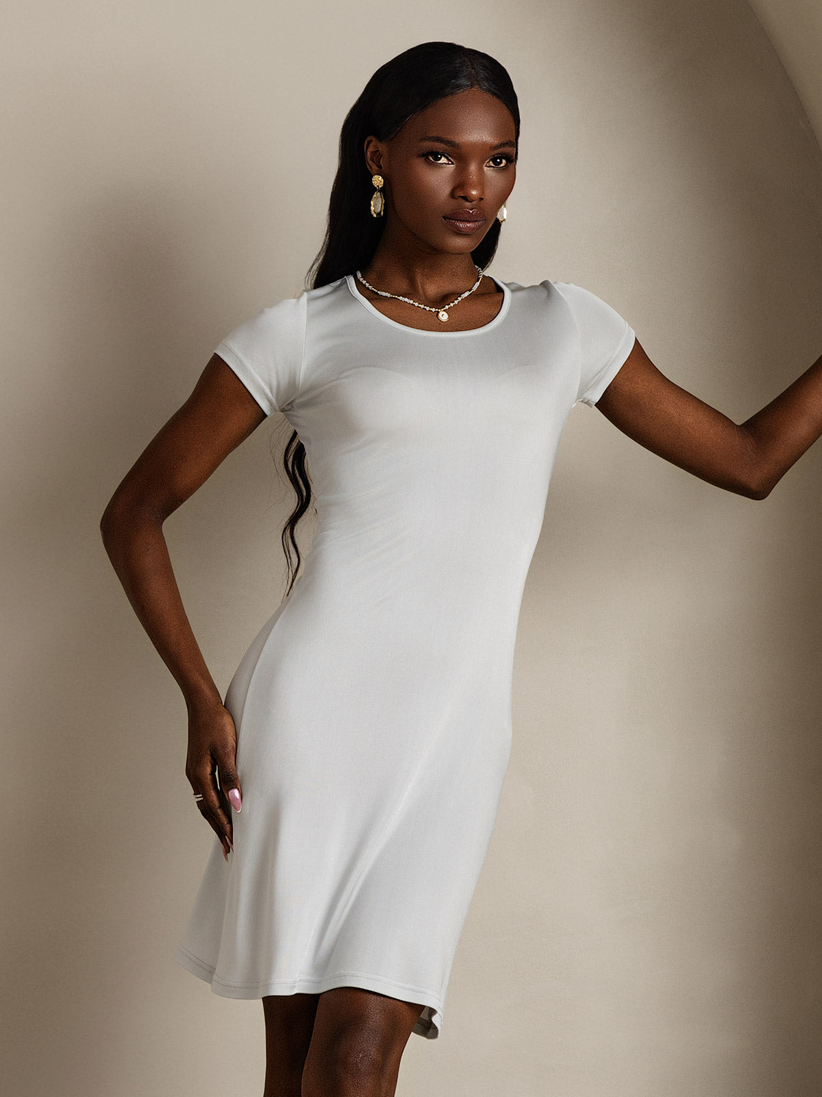Silk Jersey Short Sleeve Round Neck Short Nightdress