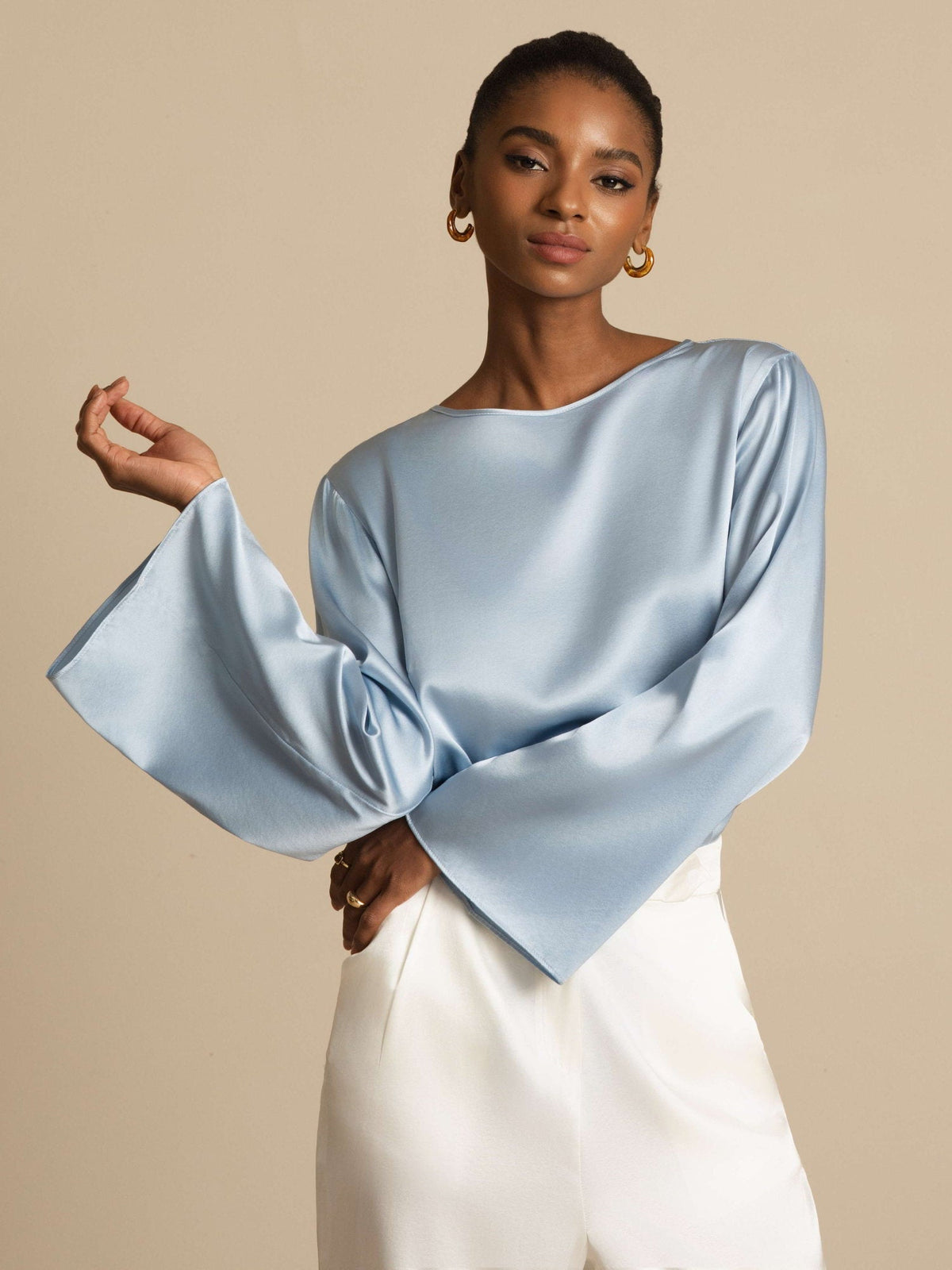 19Momme Silk Bell Sleeve Boat Neck Women's Top