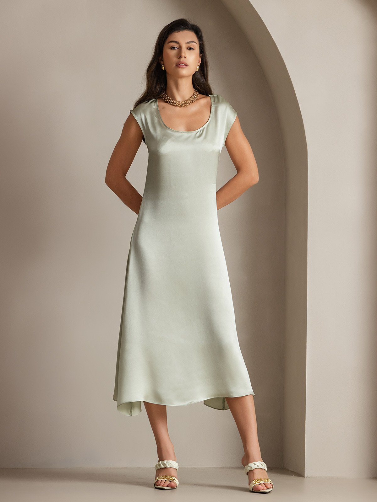 19Momme Silk Cap Sleeve Round Neck Midi Dress