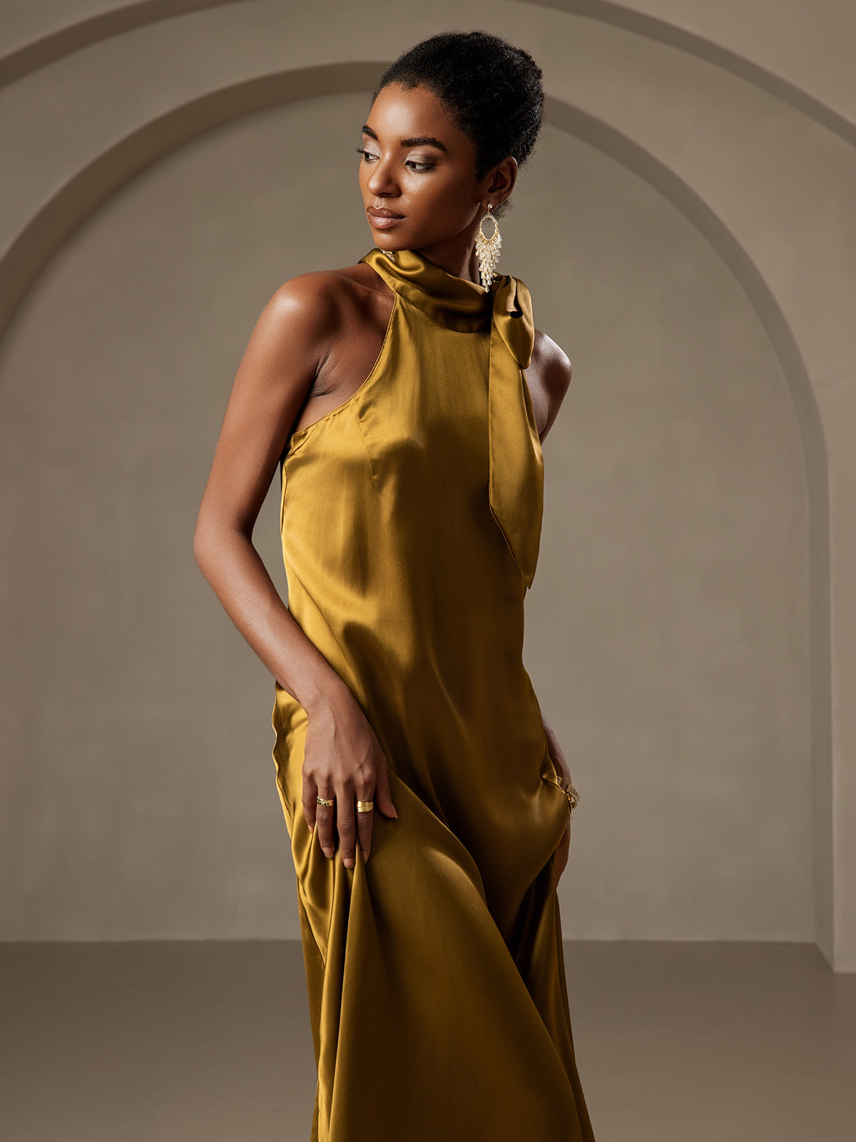 19Momme Silk Sleeveless Tie Neck Midi Dress