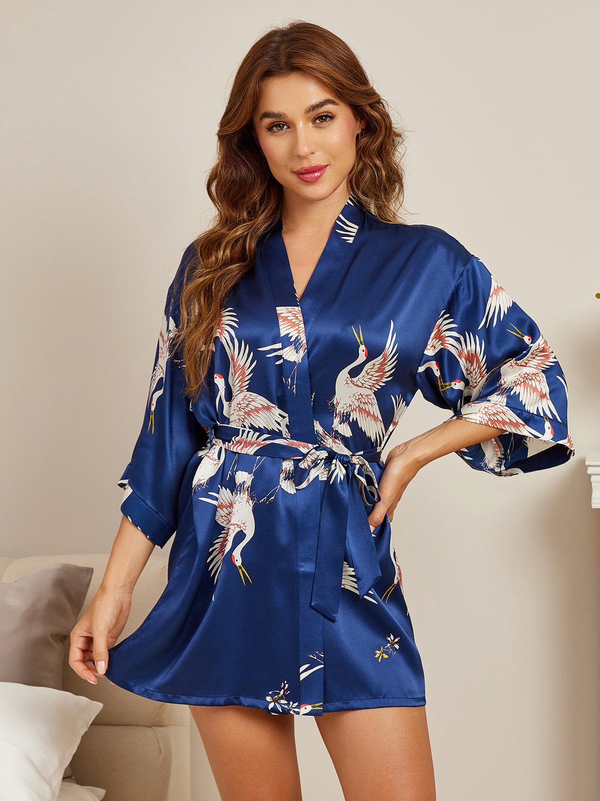 19Momme Women's Pure Silk Crane Print 3/4 Sleeve Short Kimono Robe