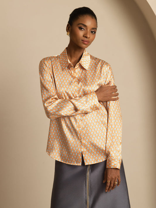 19Momme Silk Geometric Print Long Sleeve Lapel Collar Women's Shirt