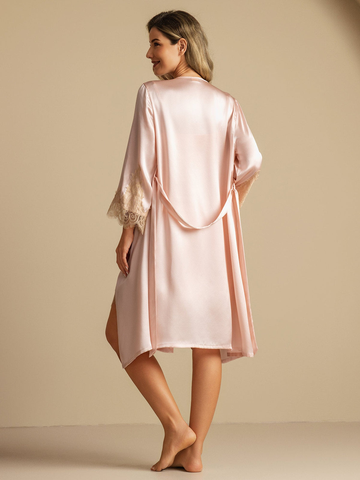 Pure Silk V Neck Short Nightdress&Dressing Gown Set with Lace Design