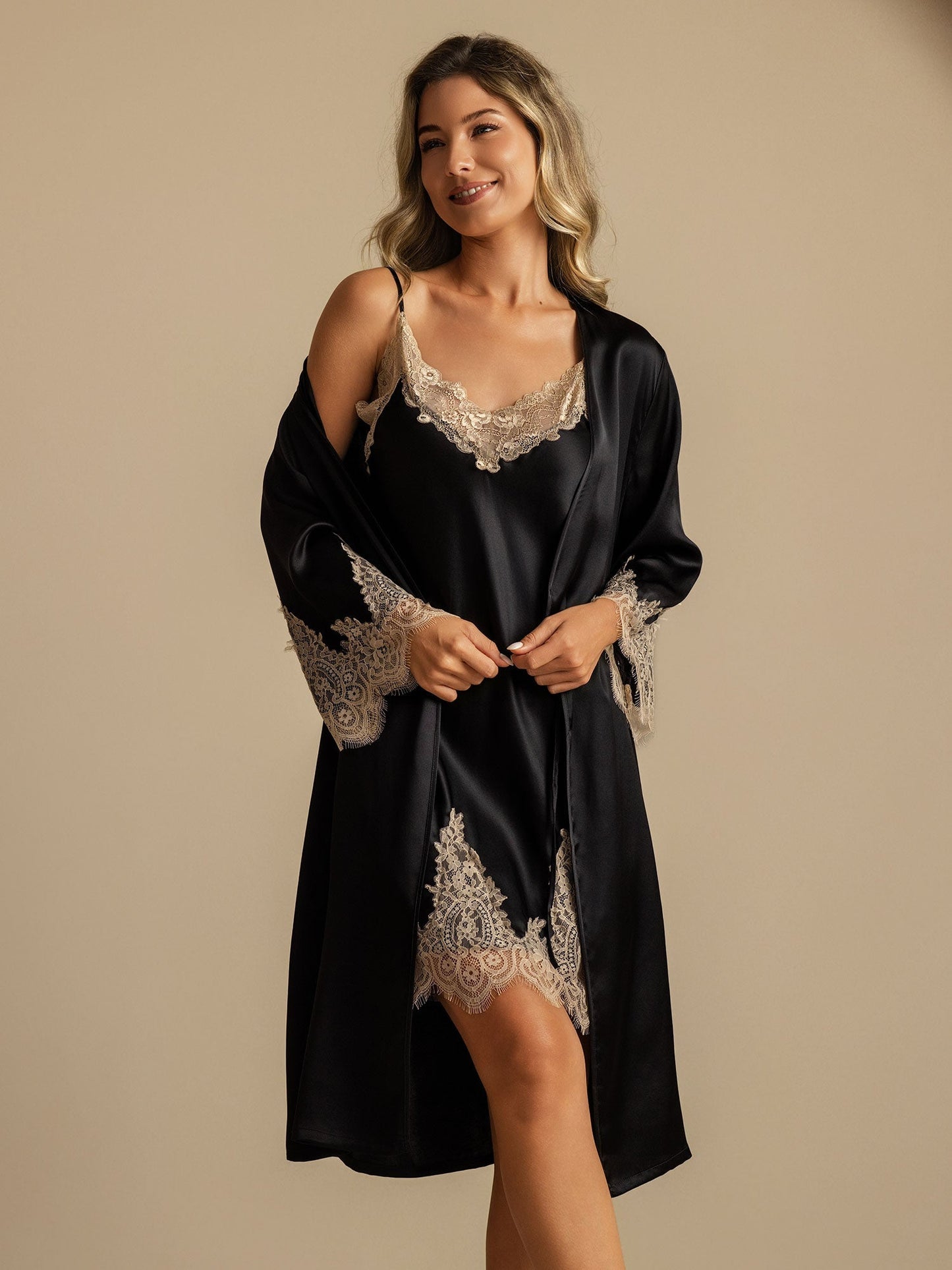 Pure Silk V Neck Short Nightdress&Dressing Gown Set with Lace Design