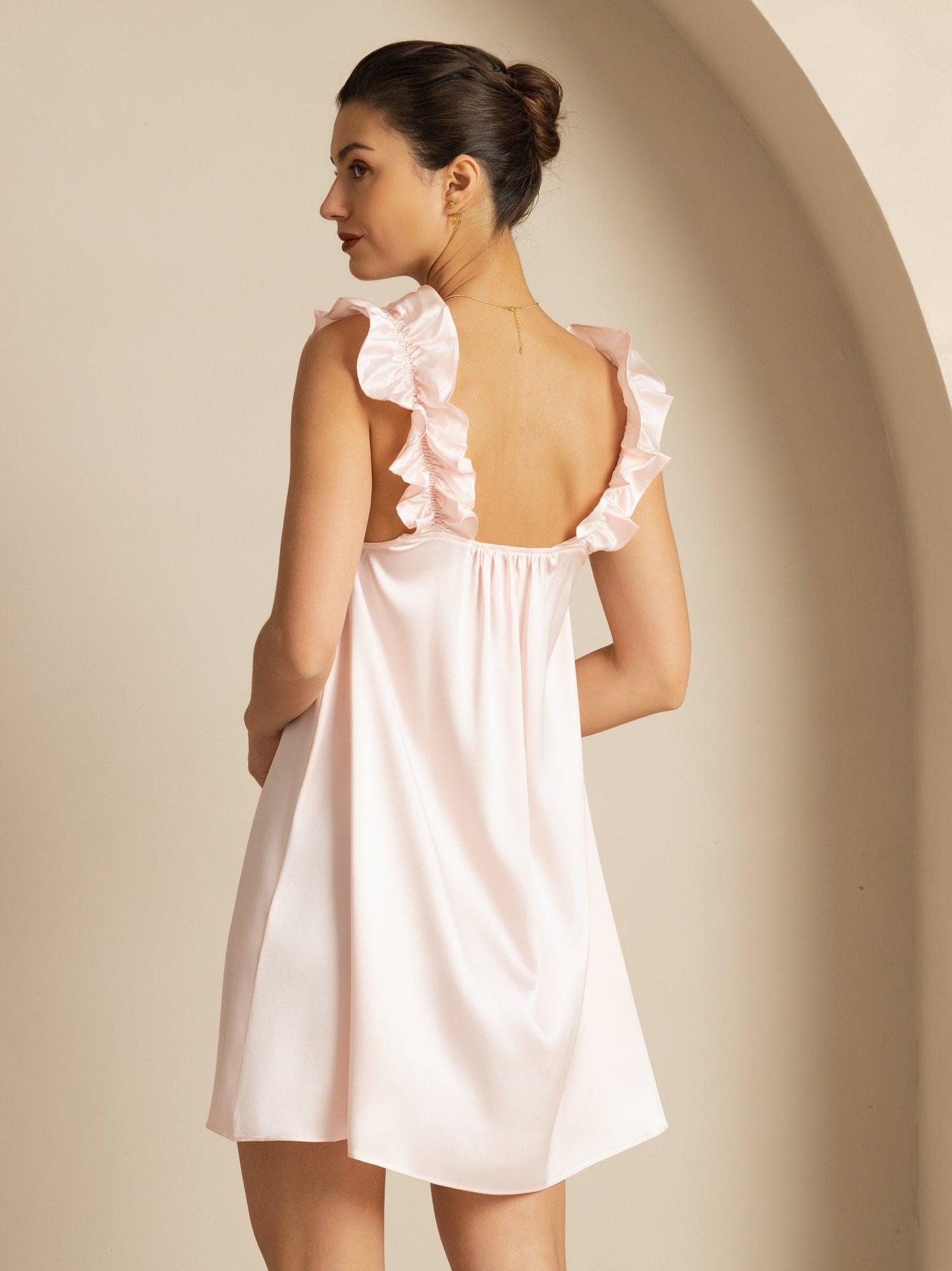 19Momme Silk Ruffle Strap Square Neck  Babydoll A-Line Short Dress