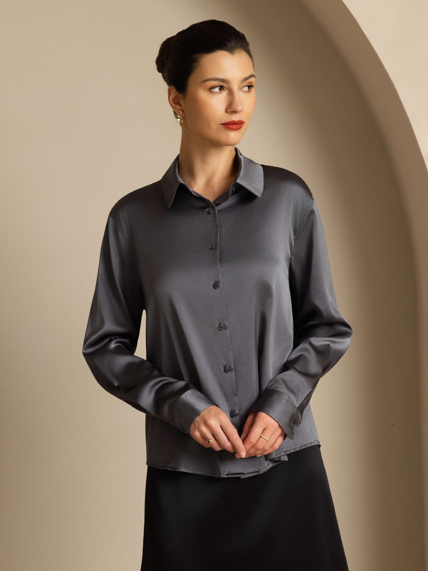 19Momme Silk Long Sleeve Lapel Collar Women's Shirt