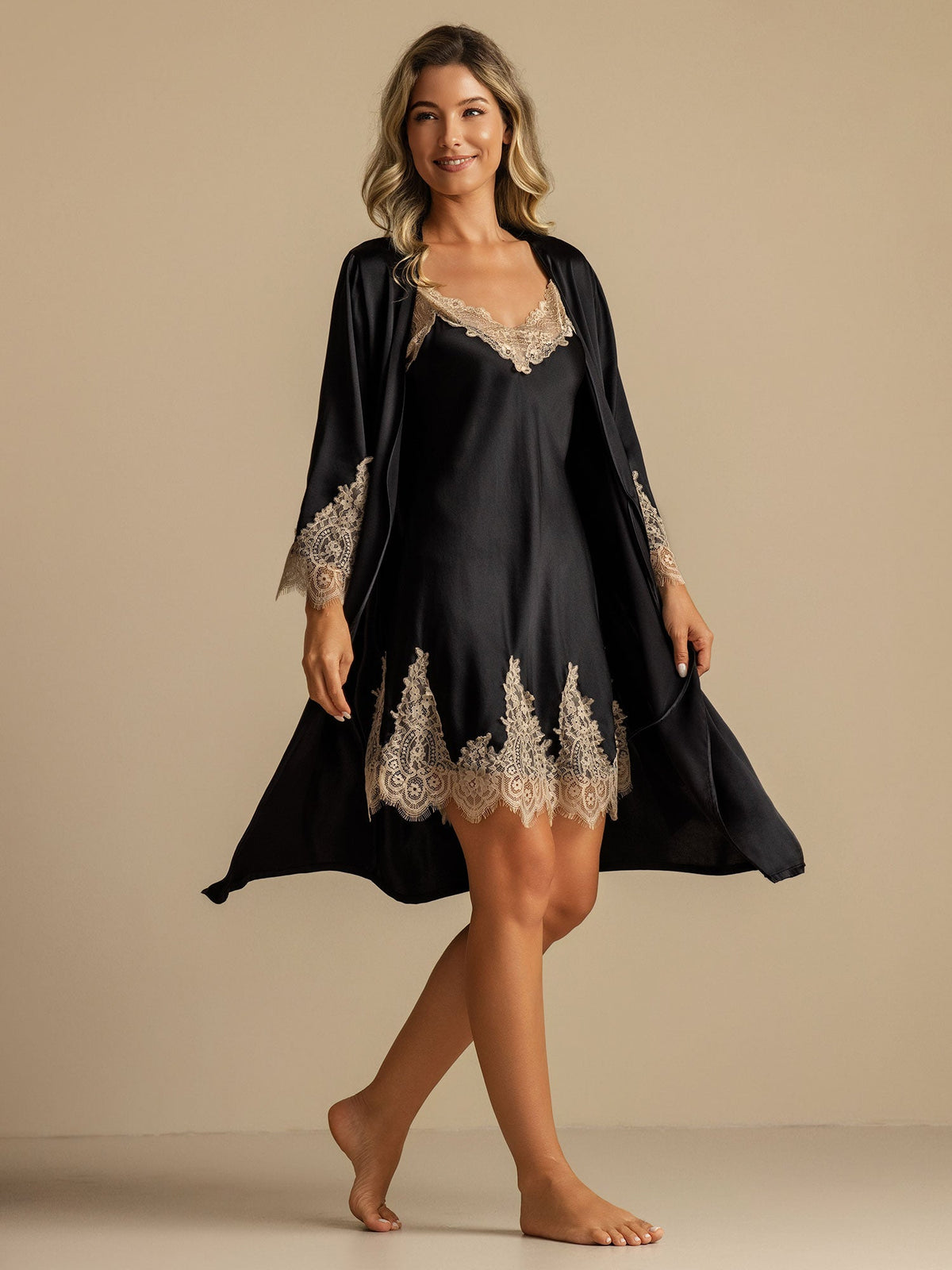 Pure Silk V Neck Short Nightdress&Dressing Gown Set with Lace Design