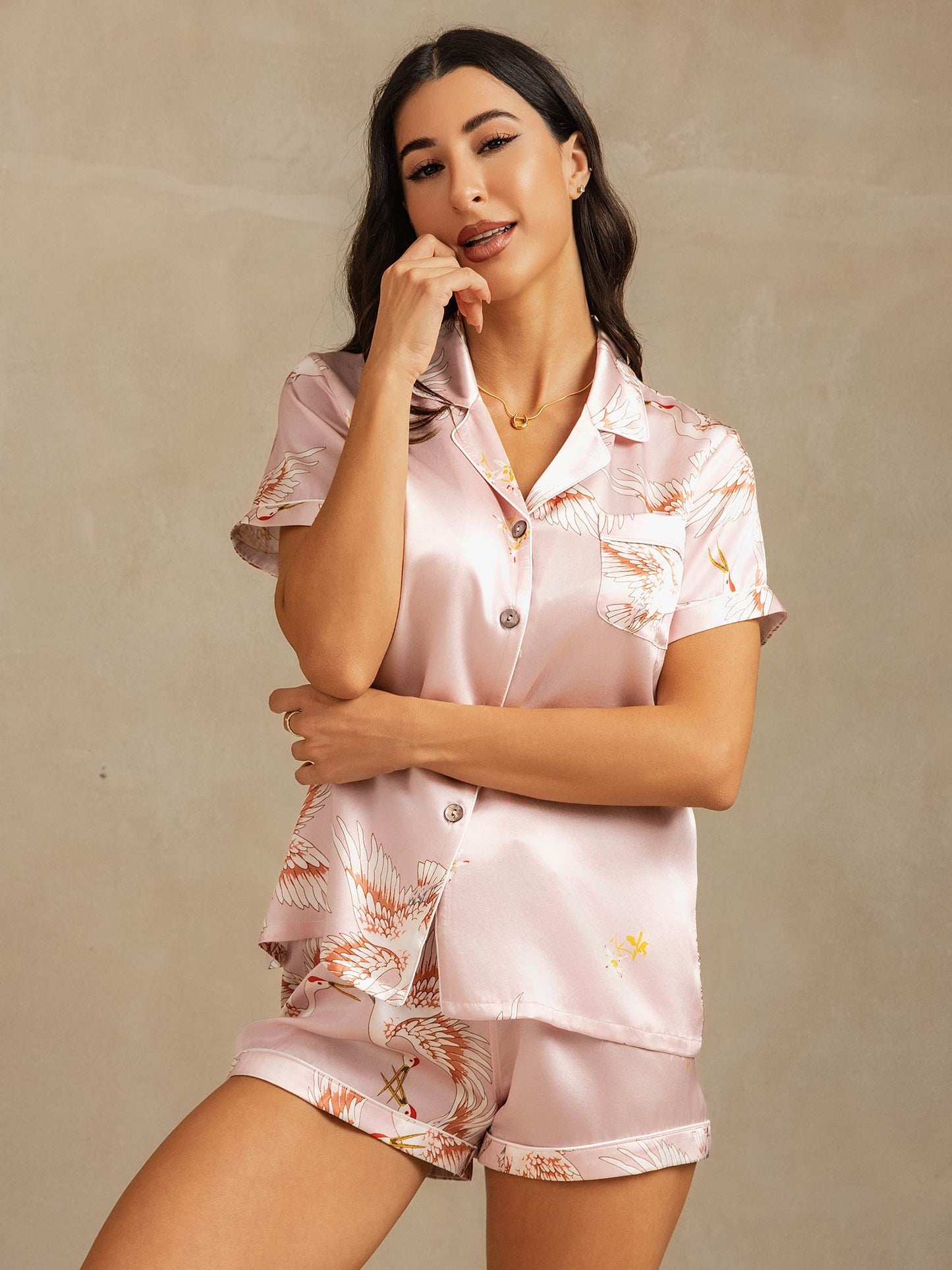 19Momme Women's Pure Silk Crane Print Short Sleeve Notch Collar Pyjamas Set