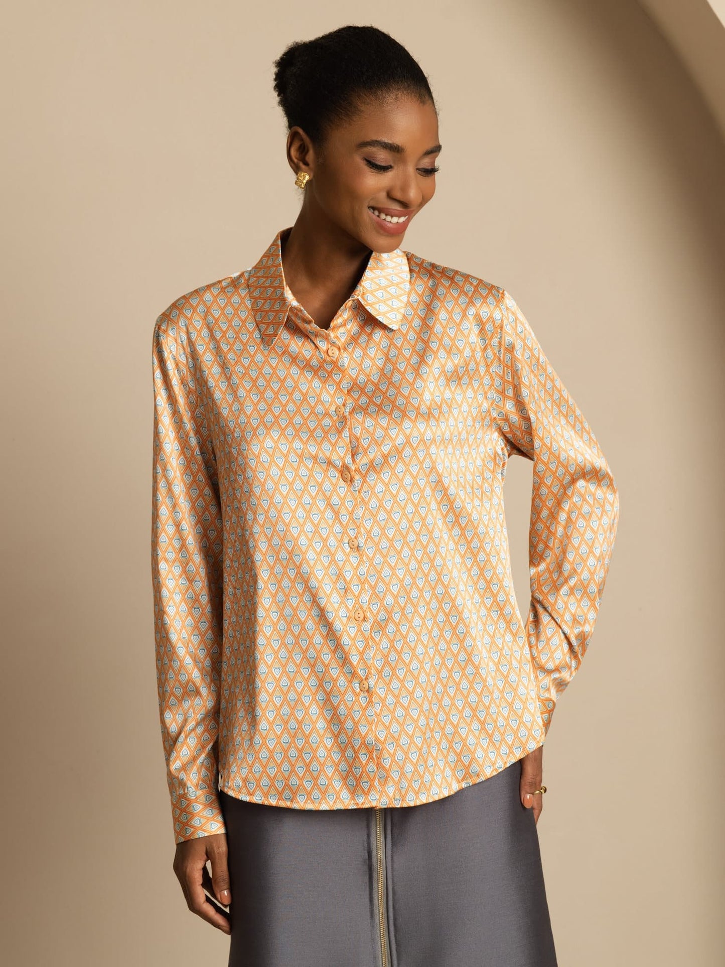 19Momme Silk Geometric Print Long Sleeve Lapel Collar Women's Shirt