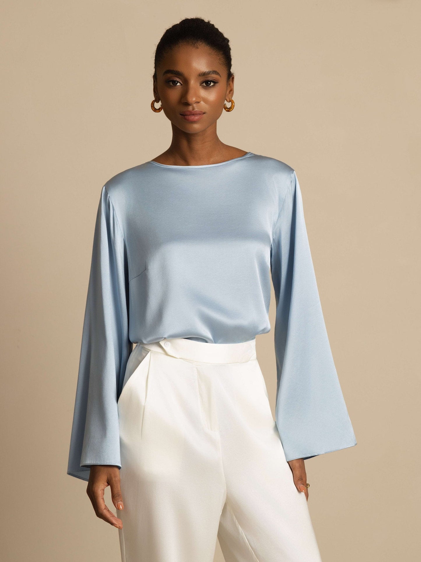 19Momme Silk Bell Sleeve Boat Neck Women's Top