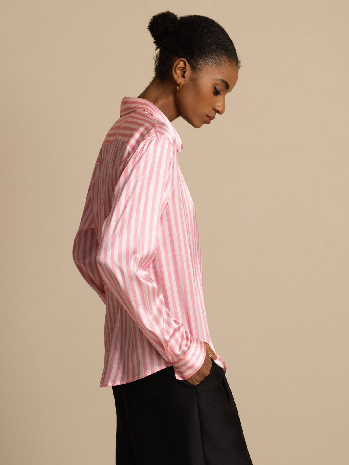 19Momme Silk Stripe Print Long Sleeve Lapel Collar Women's Shirt