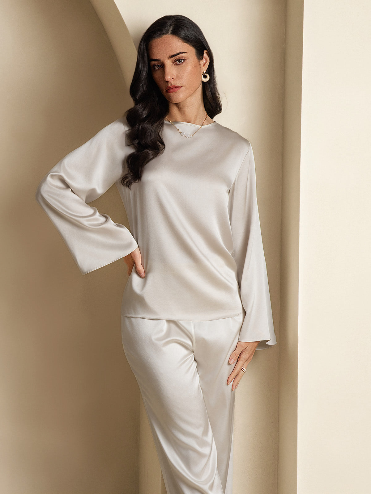 19Momme Silk Bell Sleeve Boat Neck Women's Top