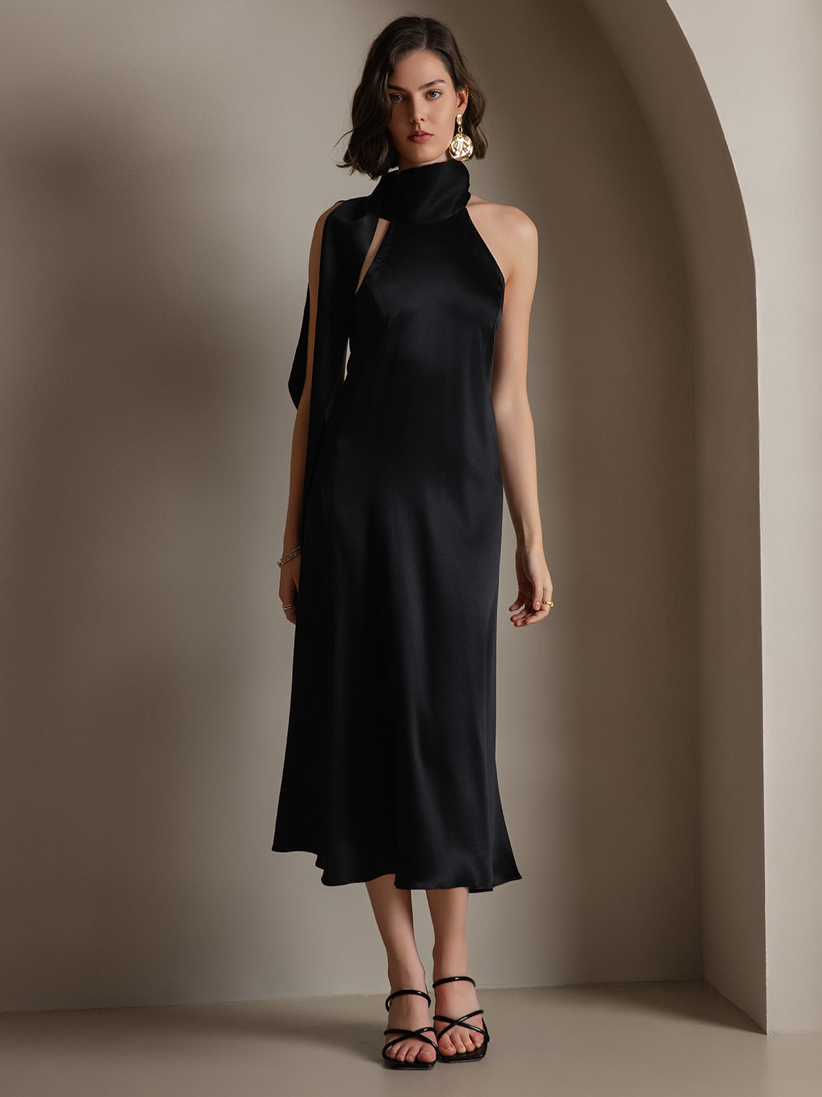 19Momme Silk Sleeveless Tie Neck Midi Dress