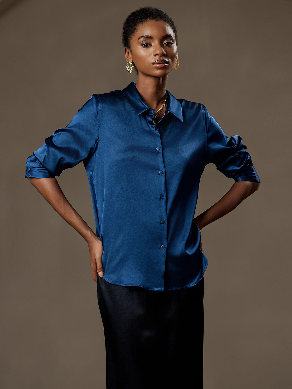 19Momme Silk Long Sleeve Lapel Collar Women's Shirt with Button Up Design
