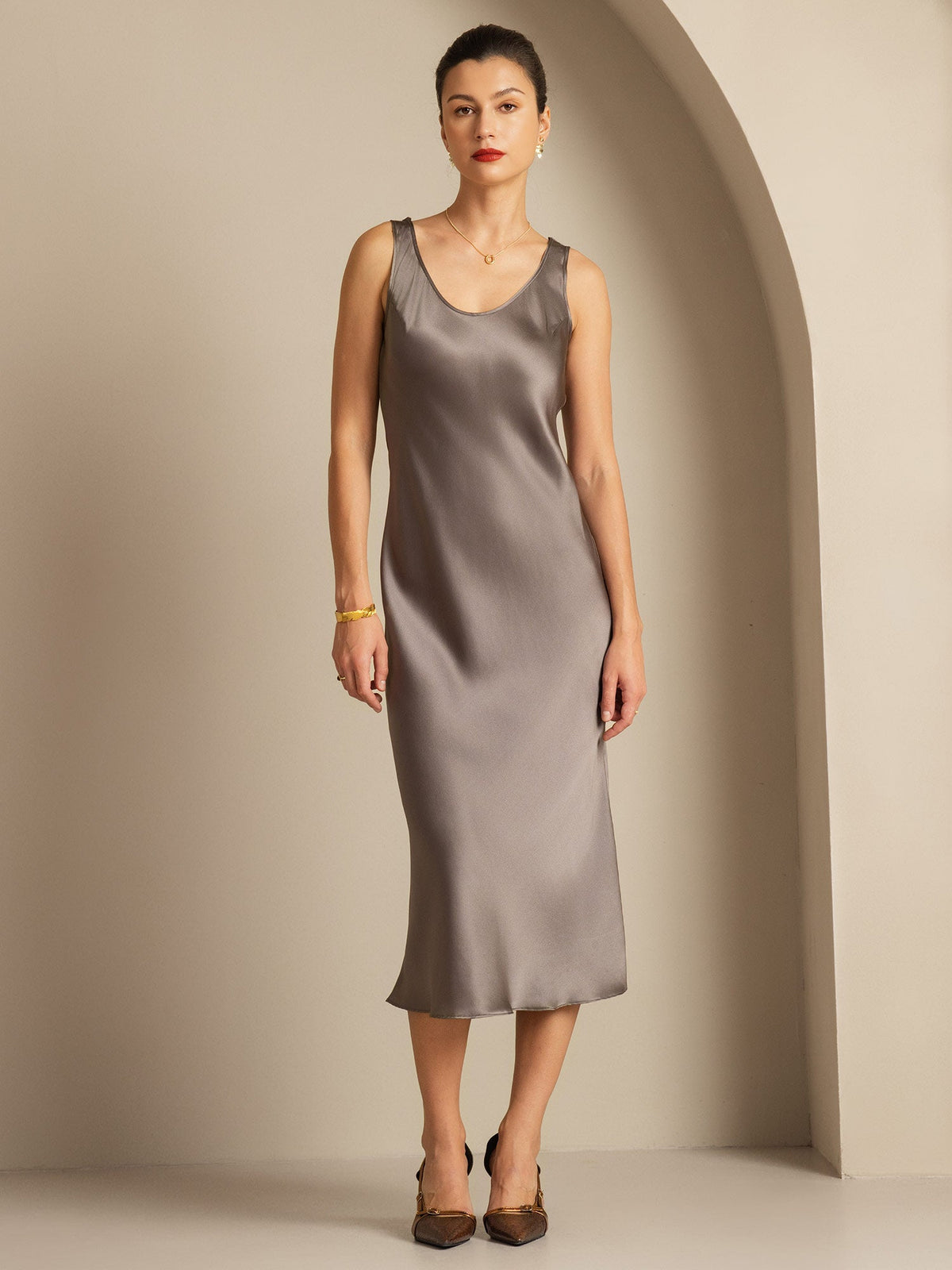 Pure Silk Sleeveless U Neck Midi Dress
