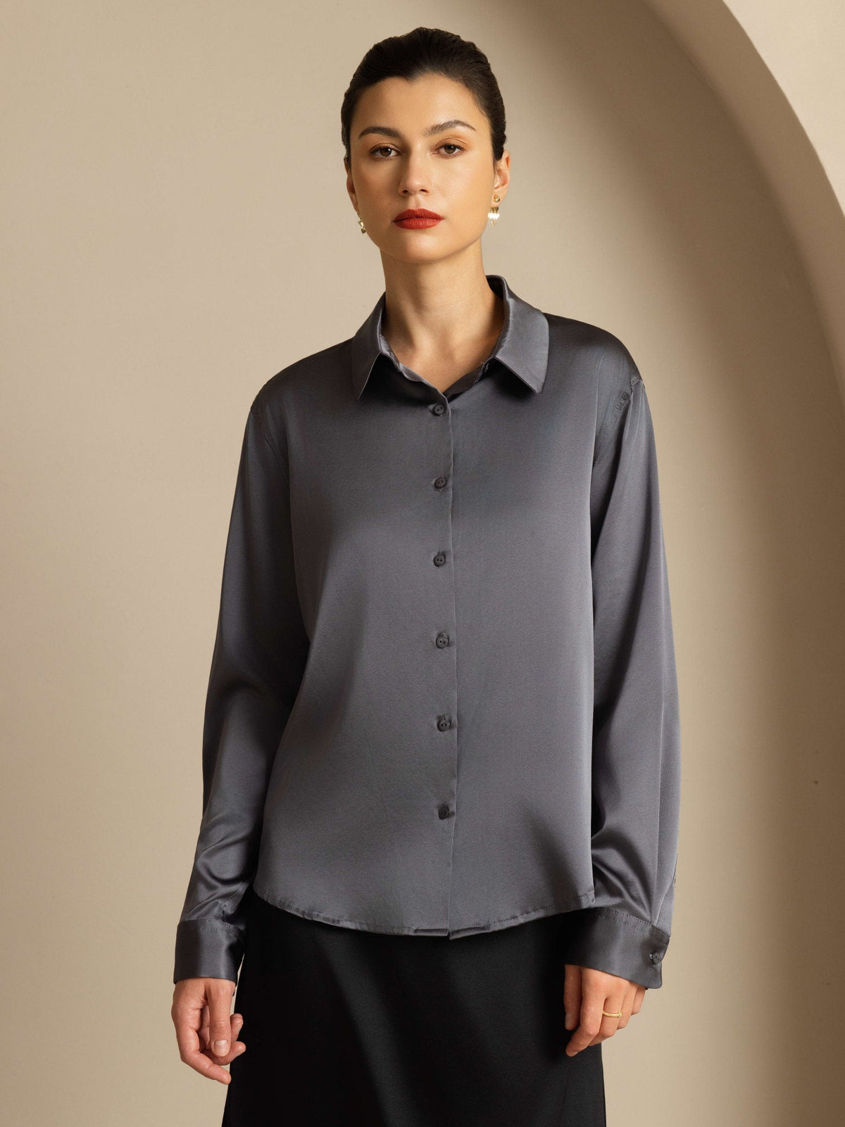 19Momme Silk Long Sleeve Lapel Collar Women's Shirt with Button Up Design
