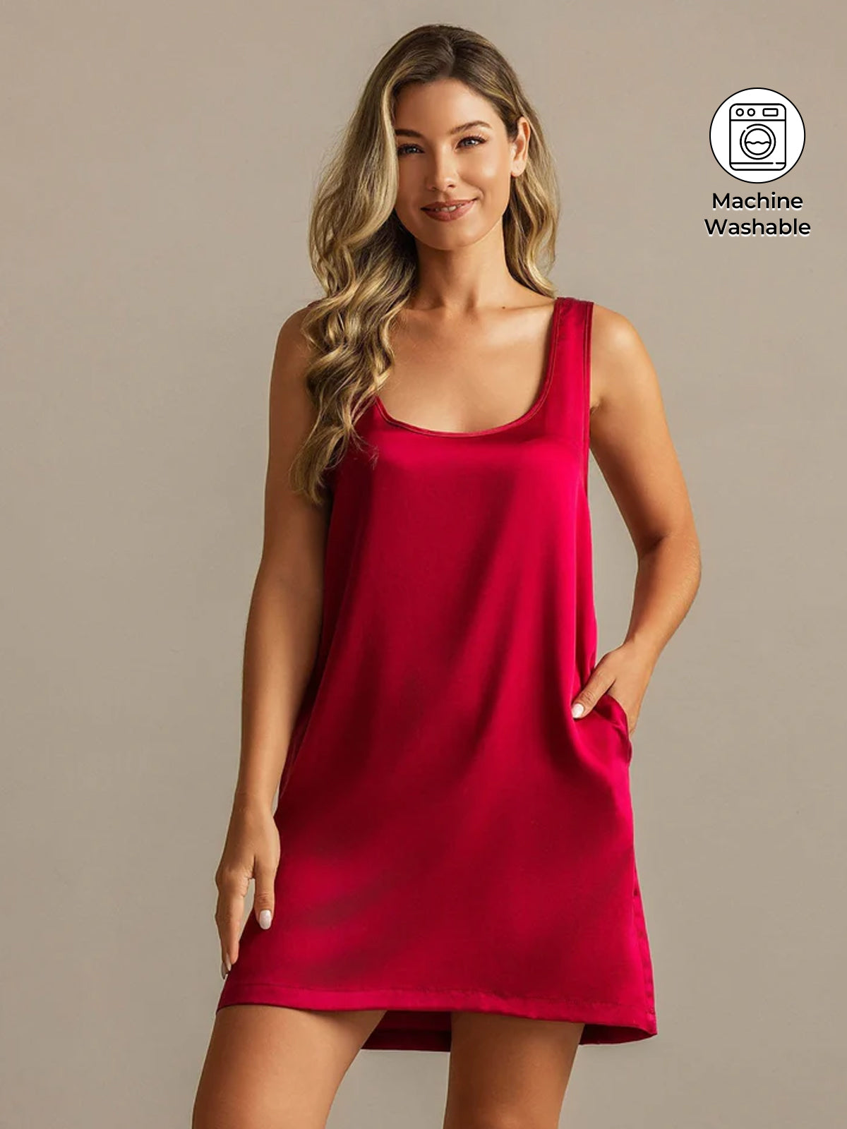 19Momme Washable Silk Sleeveless U Neck Short Nightdress with Side Pocket Design