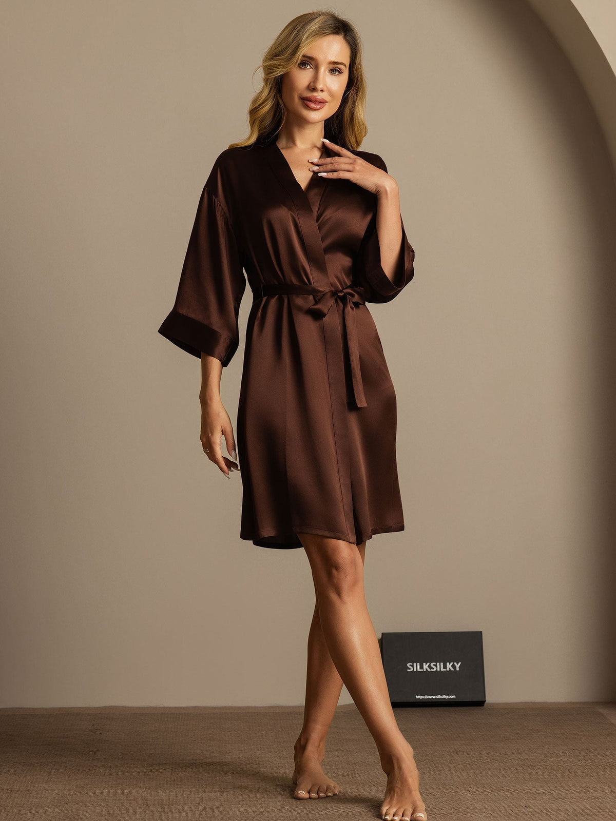 Pure Silk 3/4 Sleeve Women's Kimono Wrap Dressing Gown