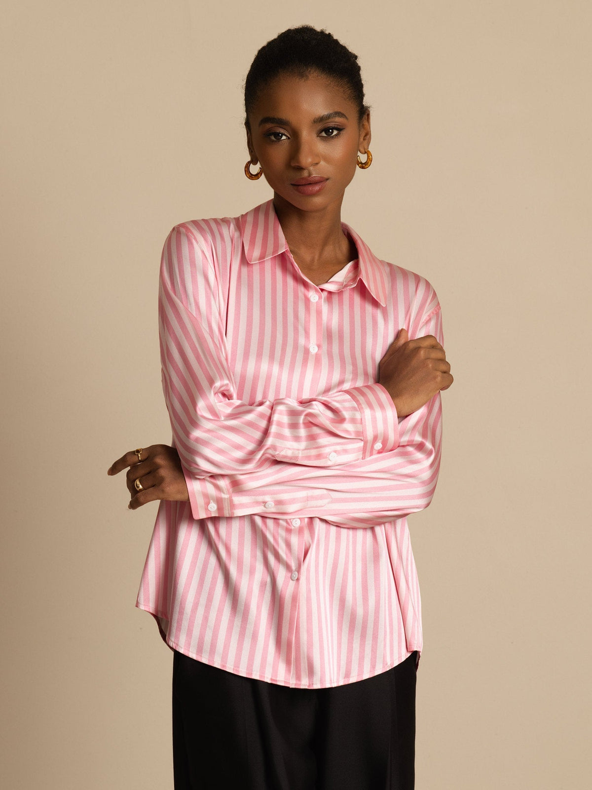 19Momme Silk Long Sleeve Lapel Collar Women's Shirt with Button Up Design