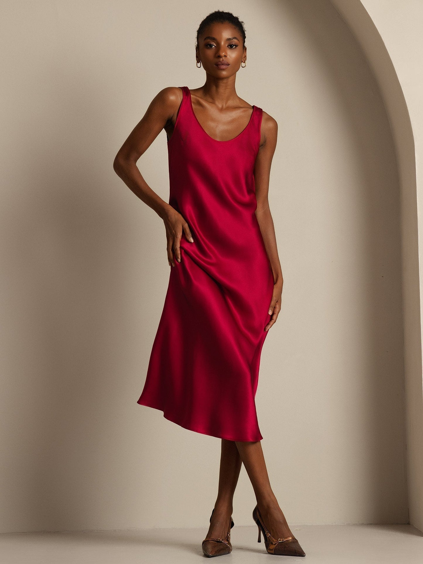 Pure Silk Sleeveless U Neck Midi Dress