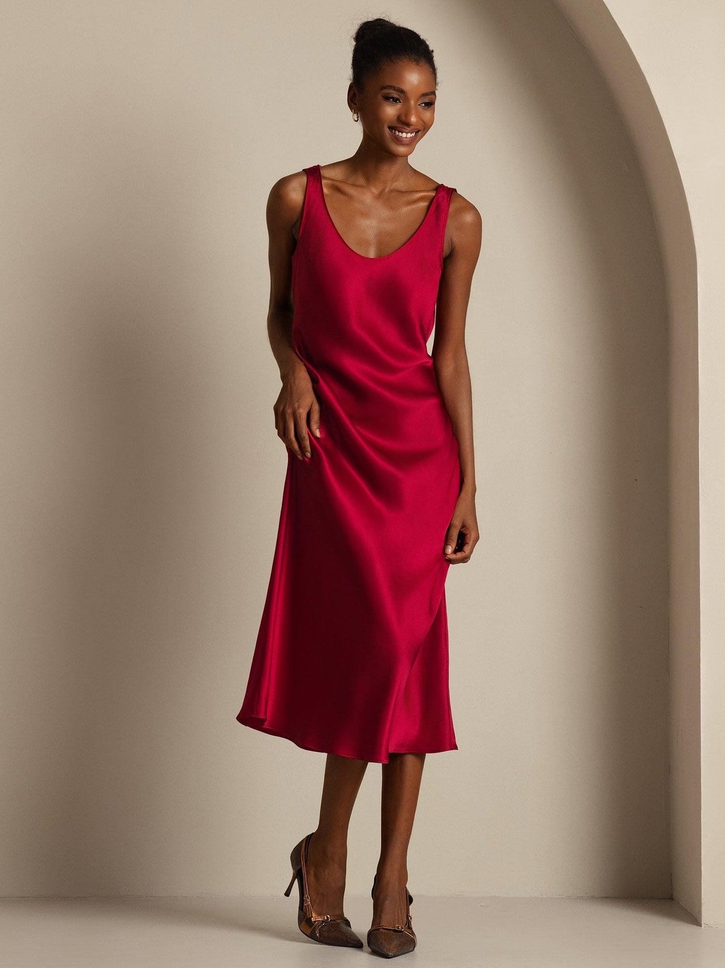 Pure Silk Sleeveless U Neck Midi Dress