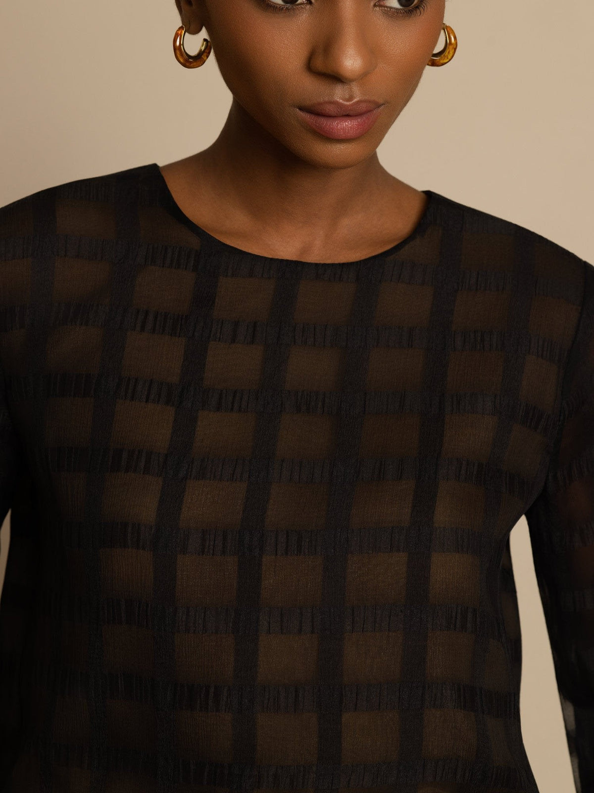 Pure Silk Women's Long Sleeve Textured Grid Crop Blouse with Back Ties