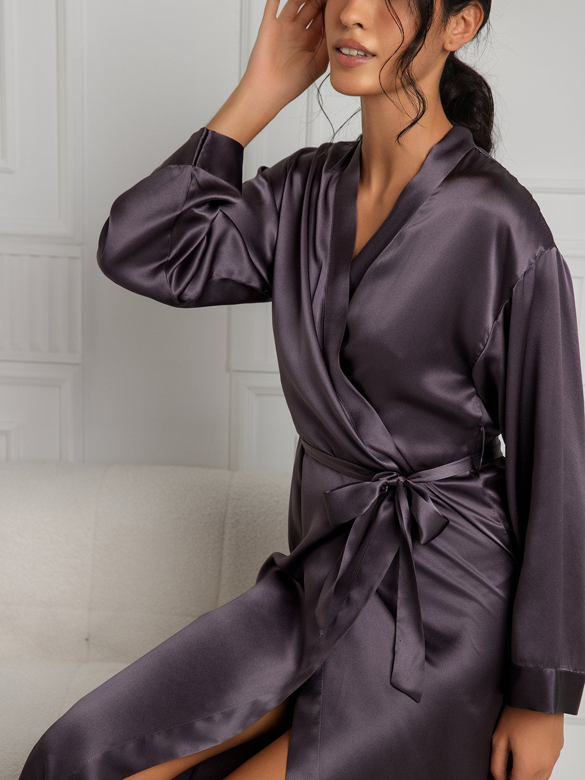 Women's Pure Silk Long Sleeve Midi Wrap Dressing Gown