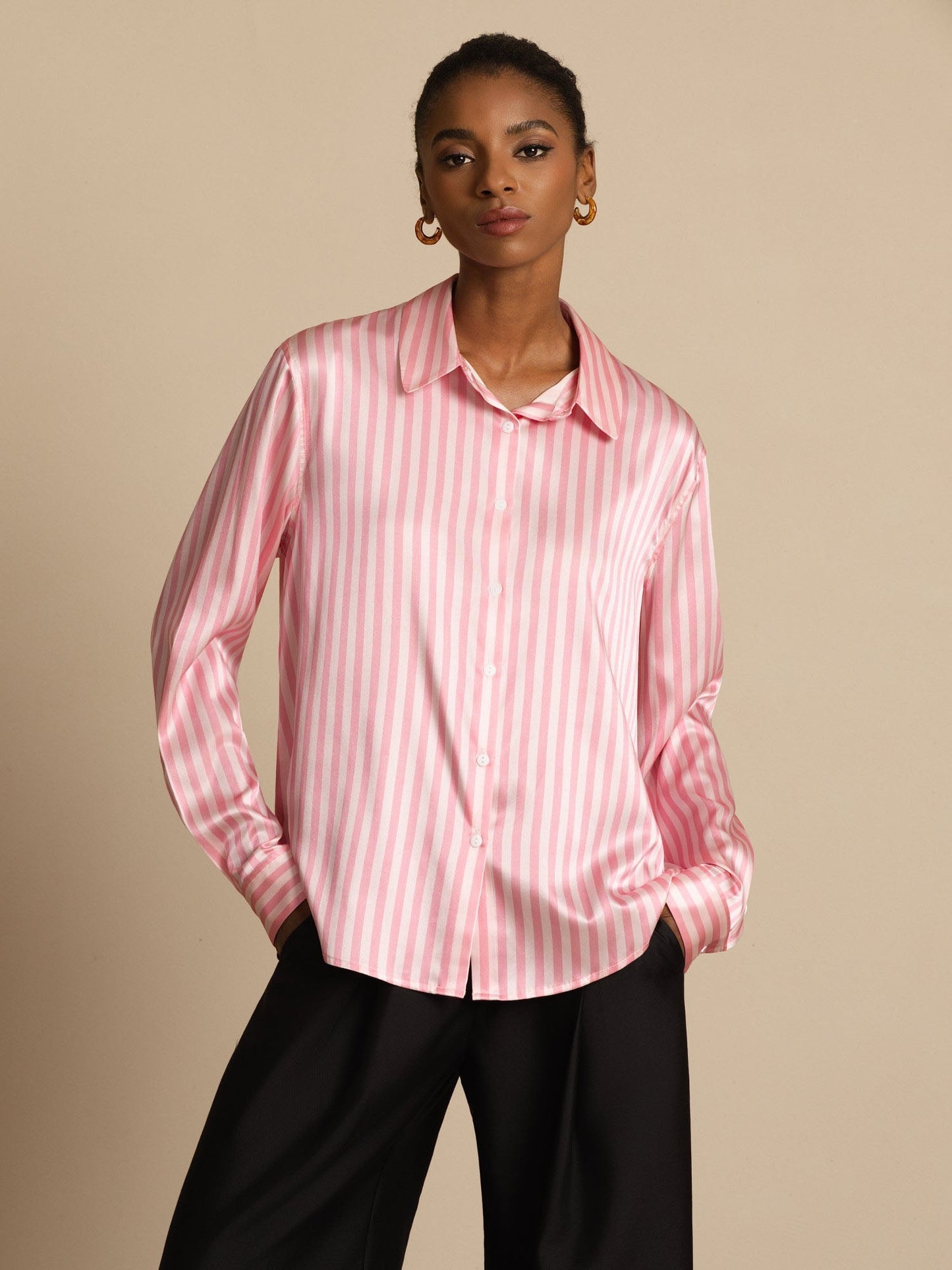 19Momme Silk Long Sleeve Lapel Collar Women's Shirt with Button Up Design