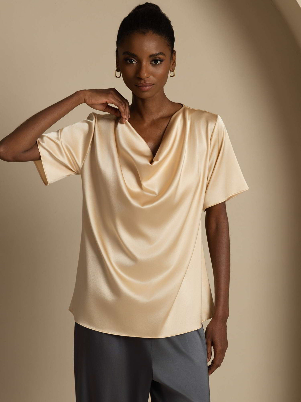 19Momme Women's Silk Short Sleeve Cowl Neck T-Shirt