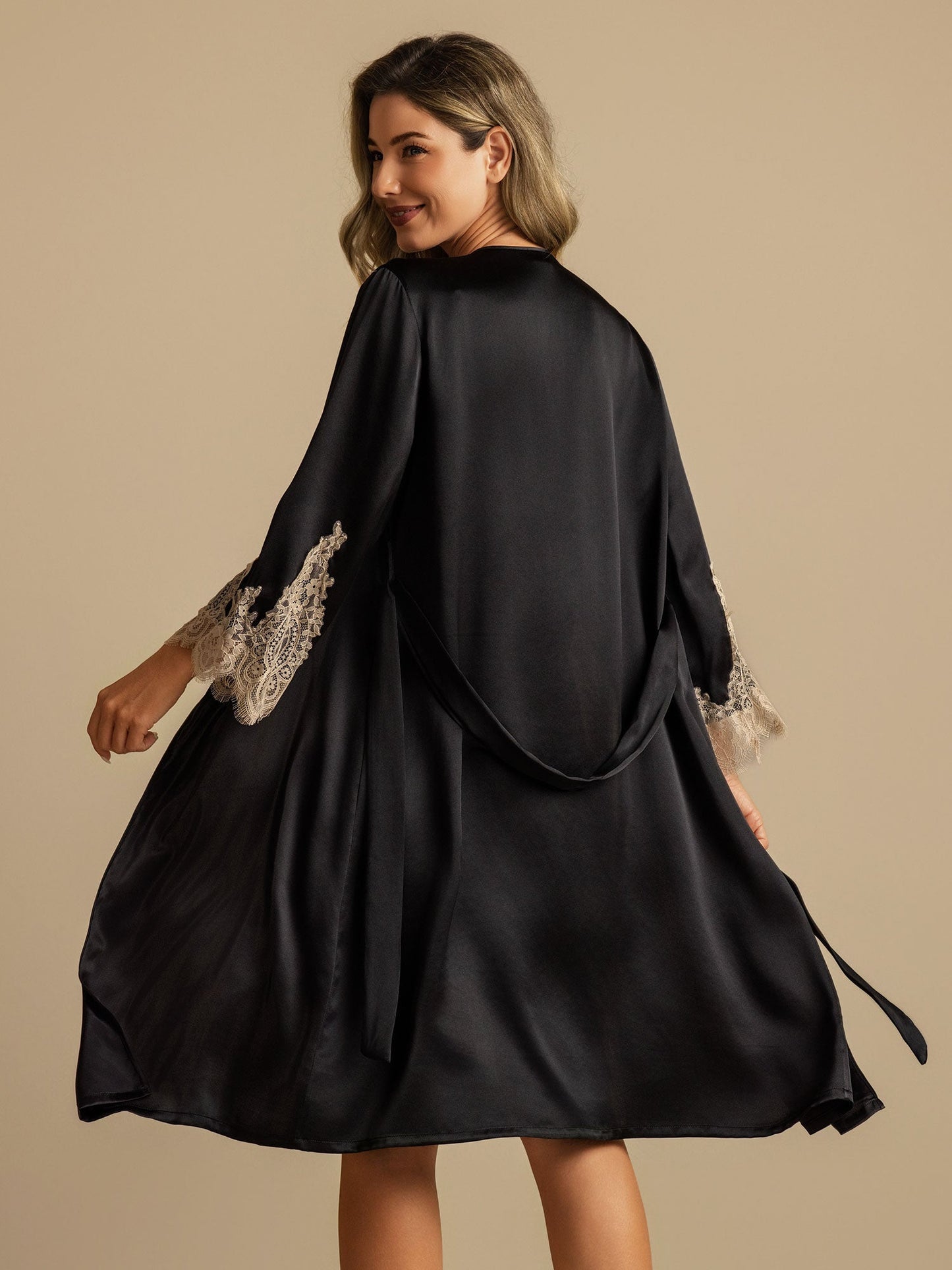 Pure Silk V Neck Short Nightdress&Dressing Gown Set with Lace Design