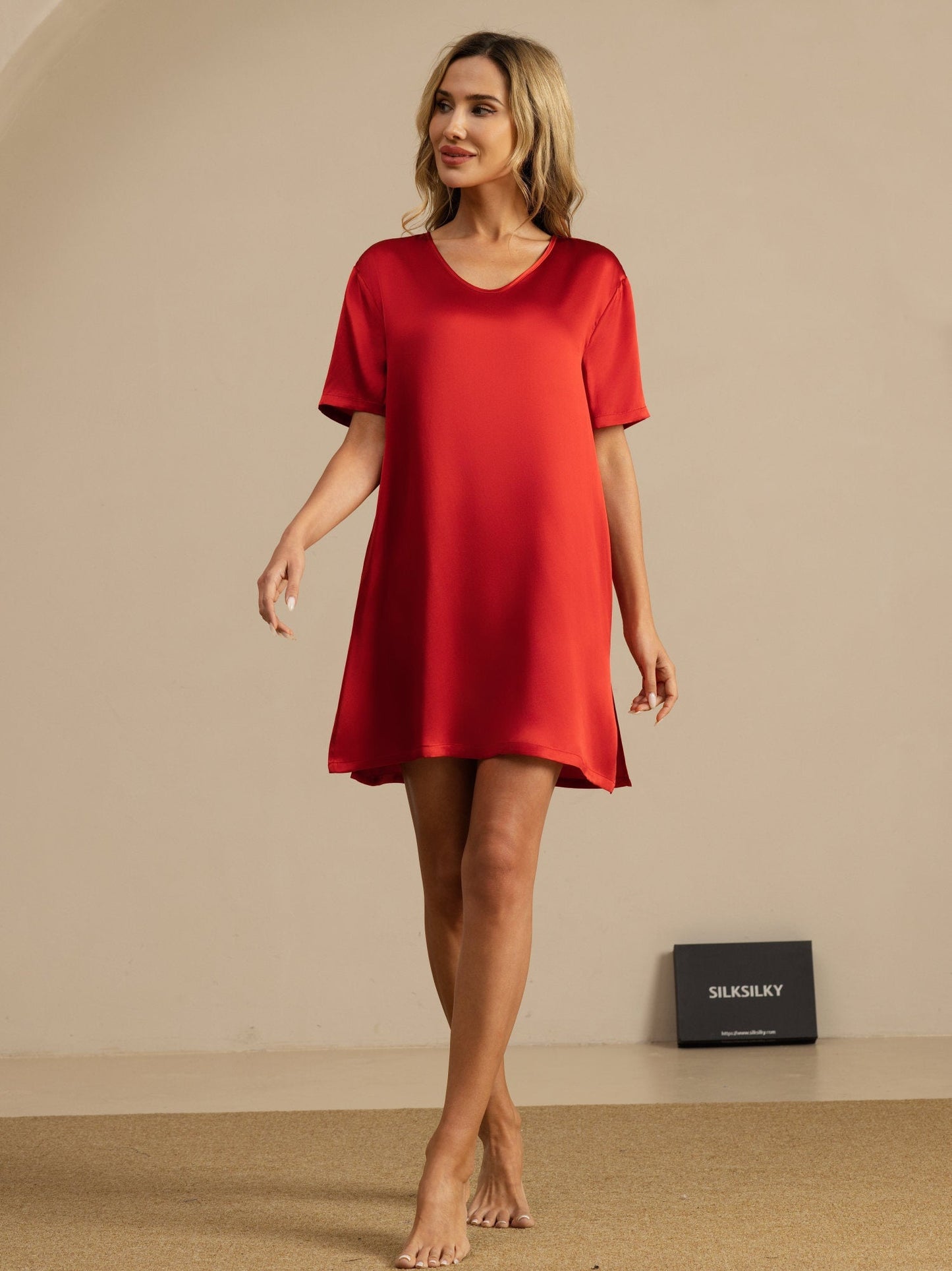 Pure Silk Half Sleeve V-neck Short Nightdress with Split Design