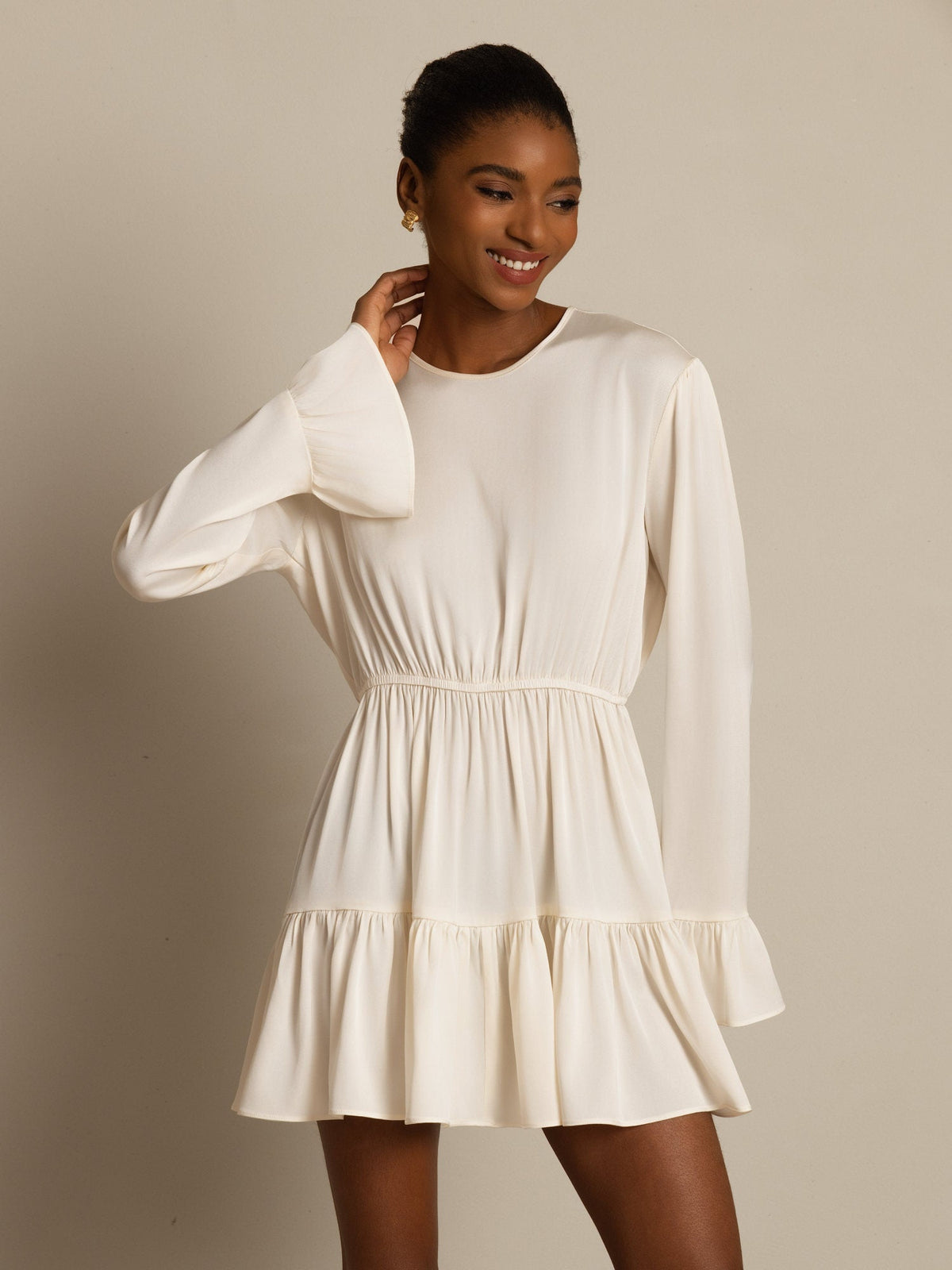 19Momme Silk  Ruffle Sleeves Short A-Line Flowy Dress