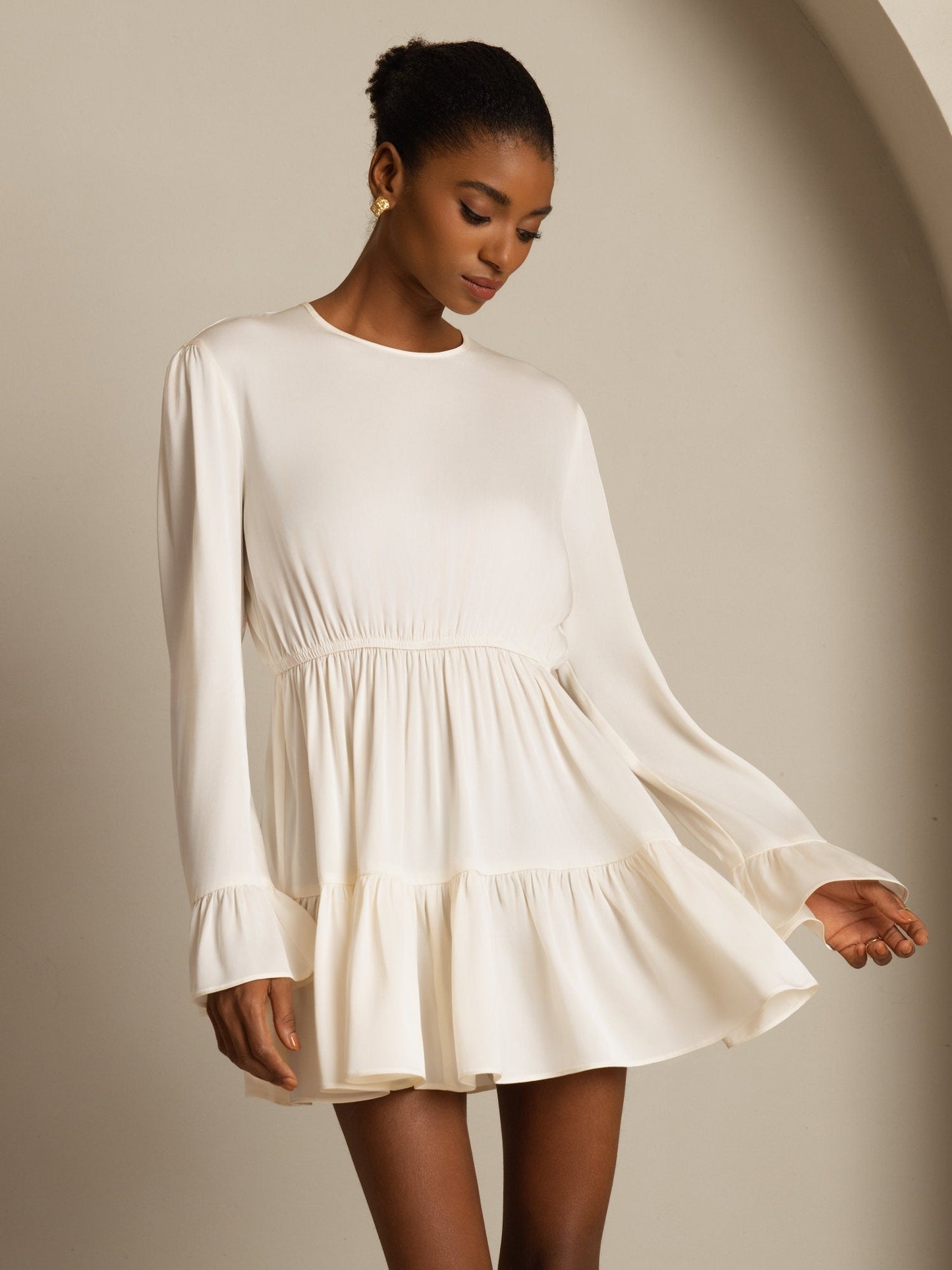 19Momme Silk  Ruffle Sleeves Short A-Line Flowy Dress