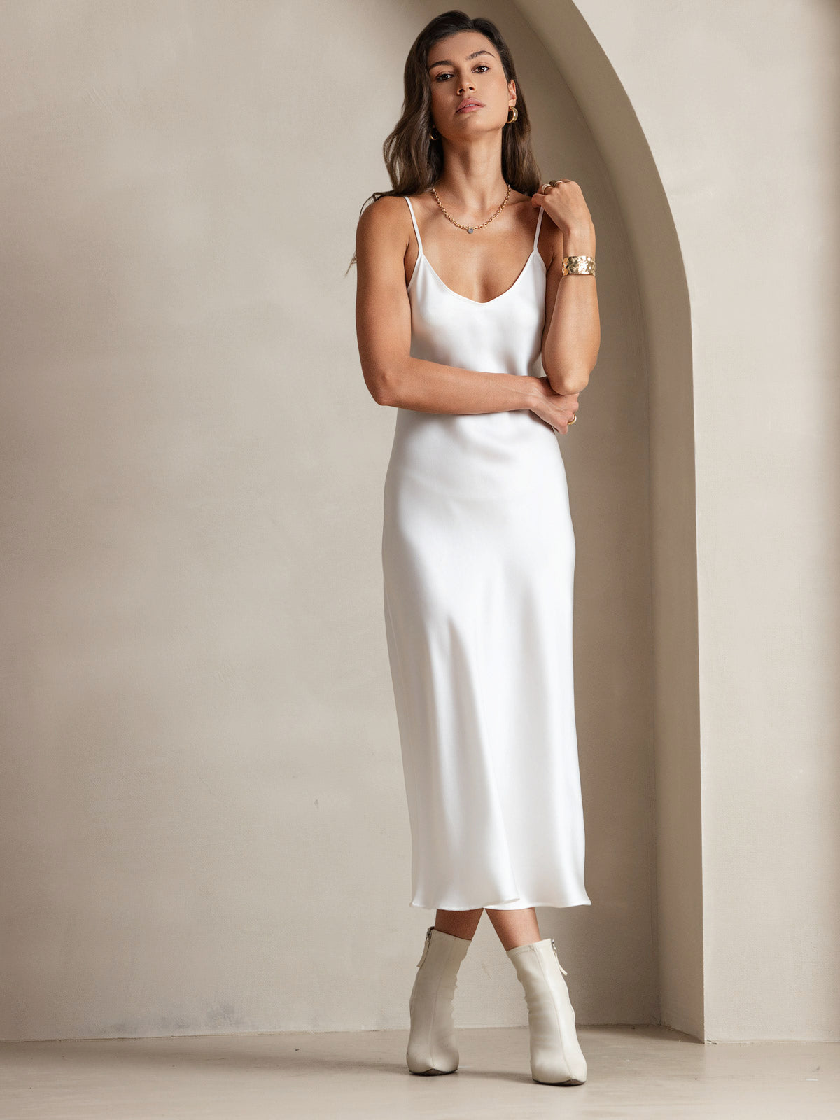 Pure Silk Spaghetti Strap V Neck Midi Dress