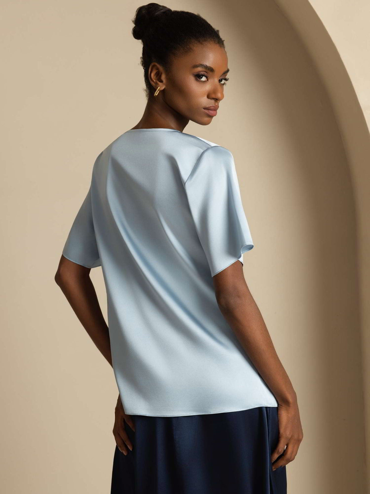 19Momme Women's Silk Short Sleeve Cowl Neck T-Shirt