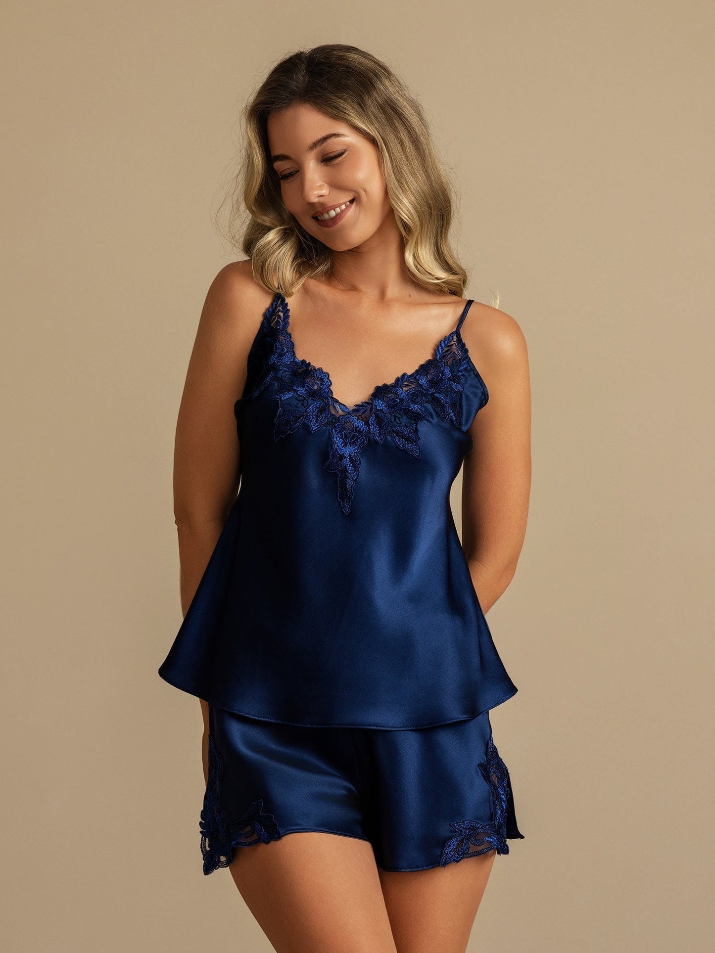 Pure Silk Spaghetti Strap Deep V Neck Camisole Set with Lace Design