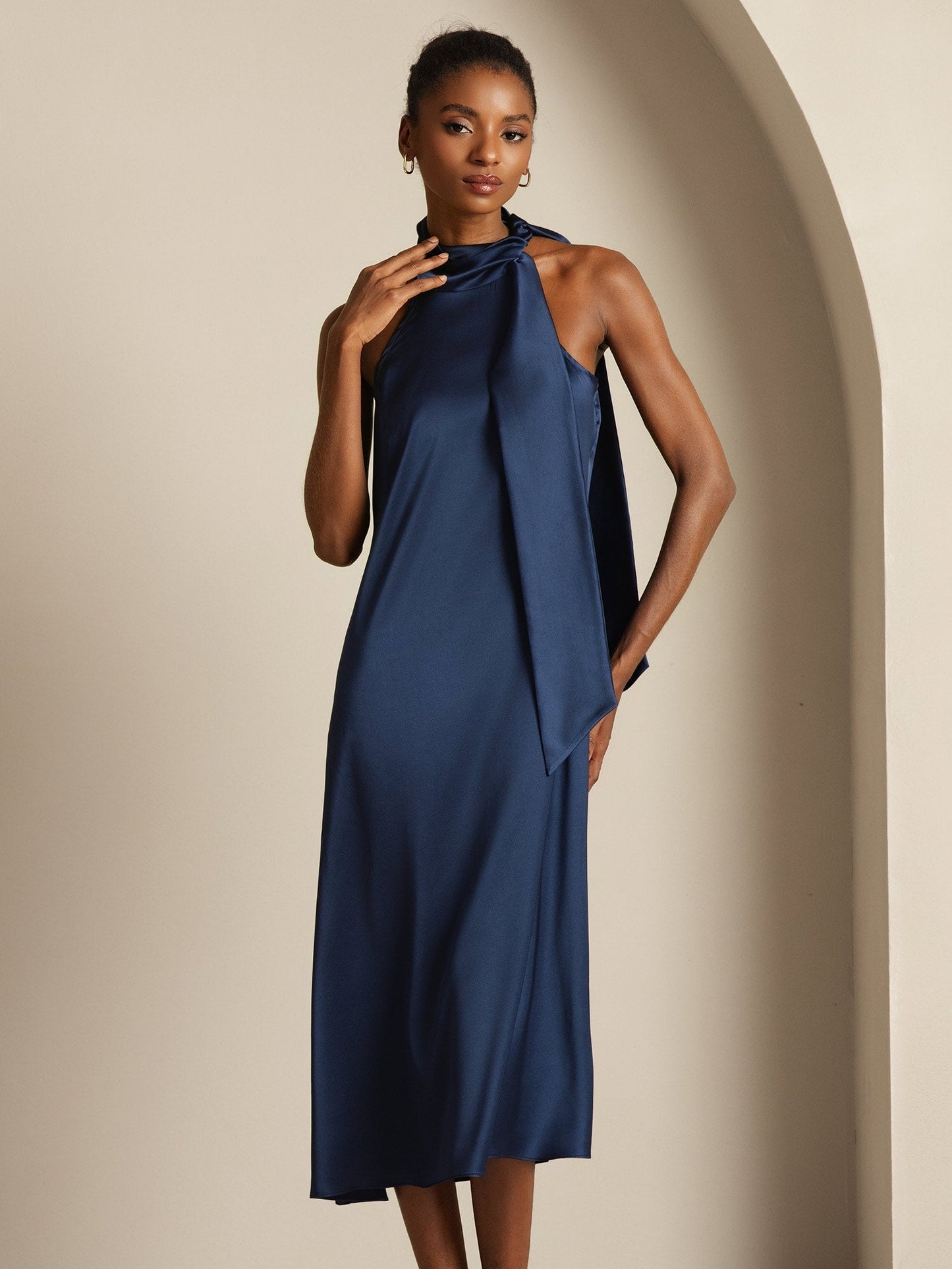 19Momme Silk Sleeveless Tie Neck Midi Dress