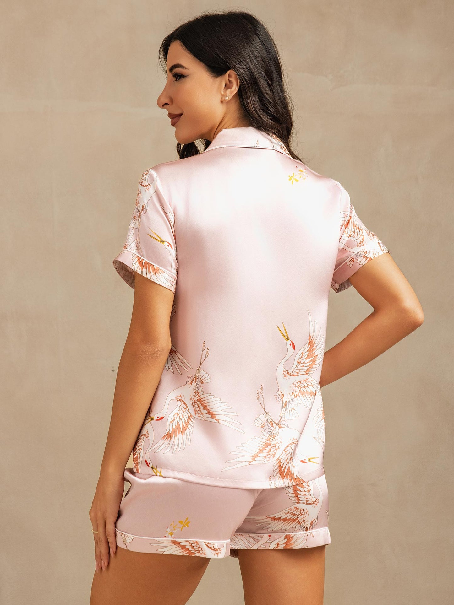 19Momme Pure Silk Crane Print Short Sleeve Notch Collar Women's Pyjamas Set