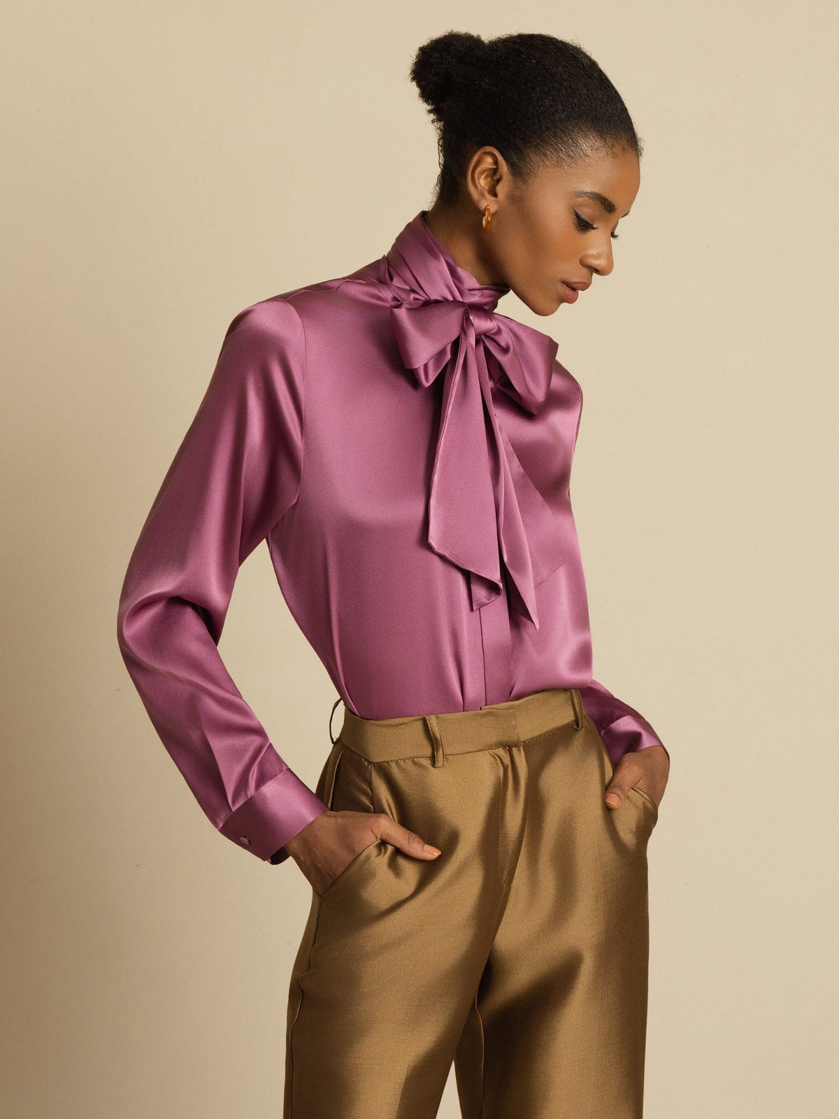 19Momme Silk Long Sleeve High Neck Bow Tie Blouse