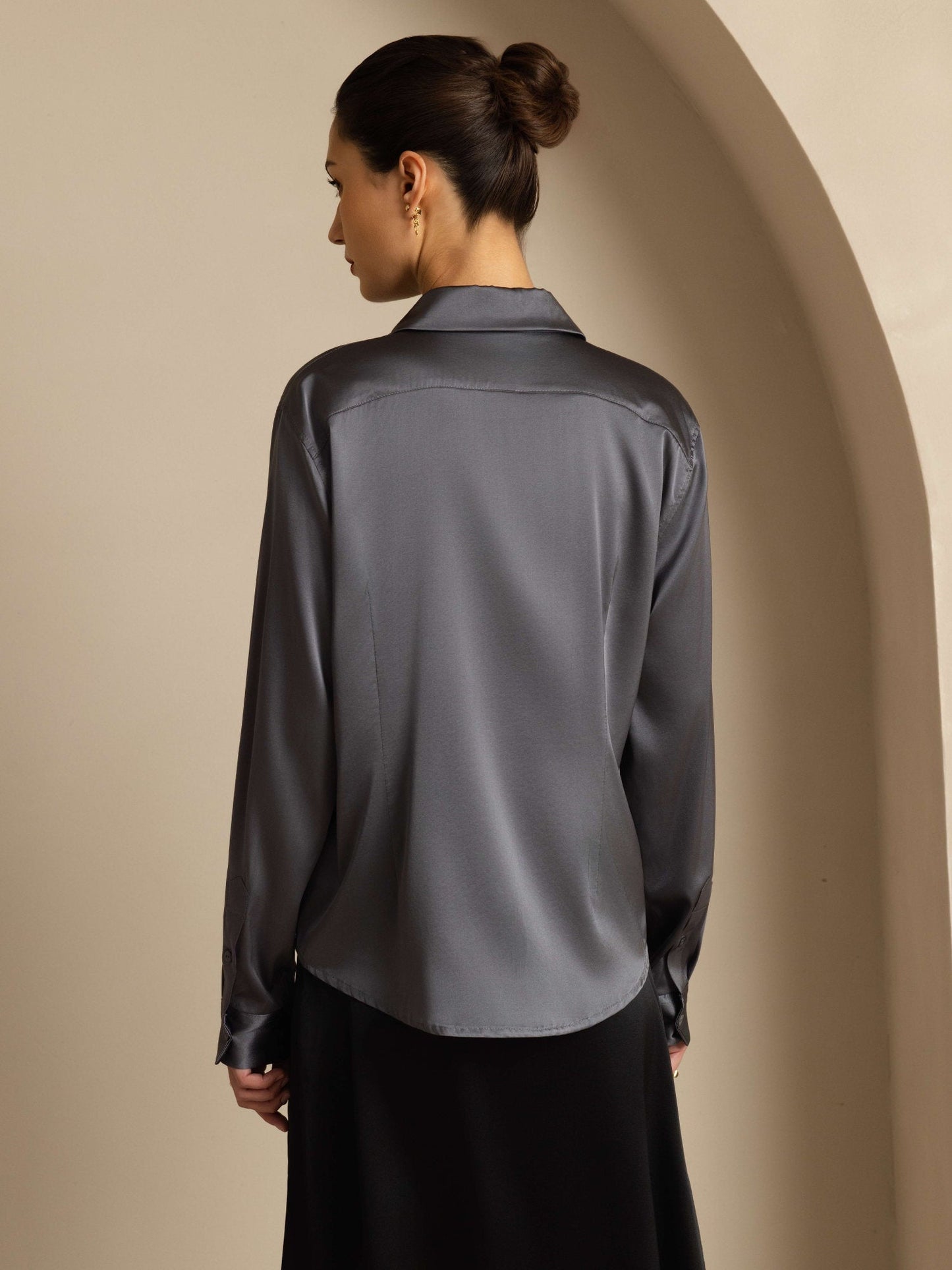 19Momme Silk Long Sleeve Lapel Collar Women's Shirt with Button Up Design