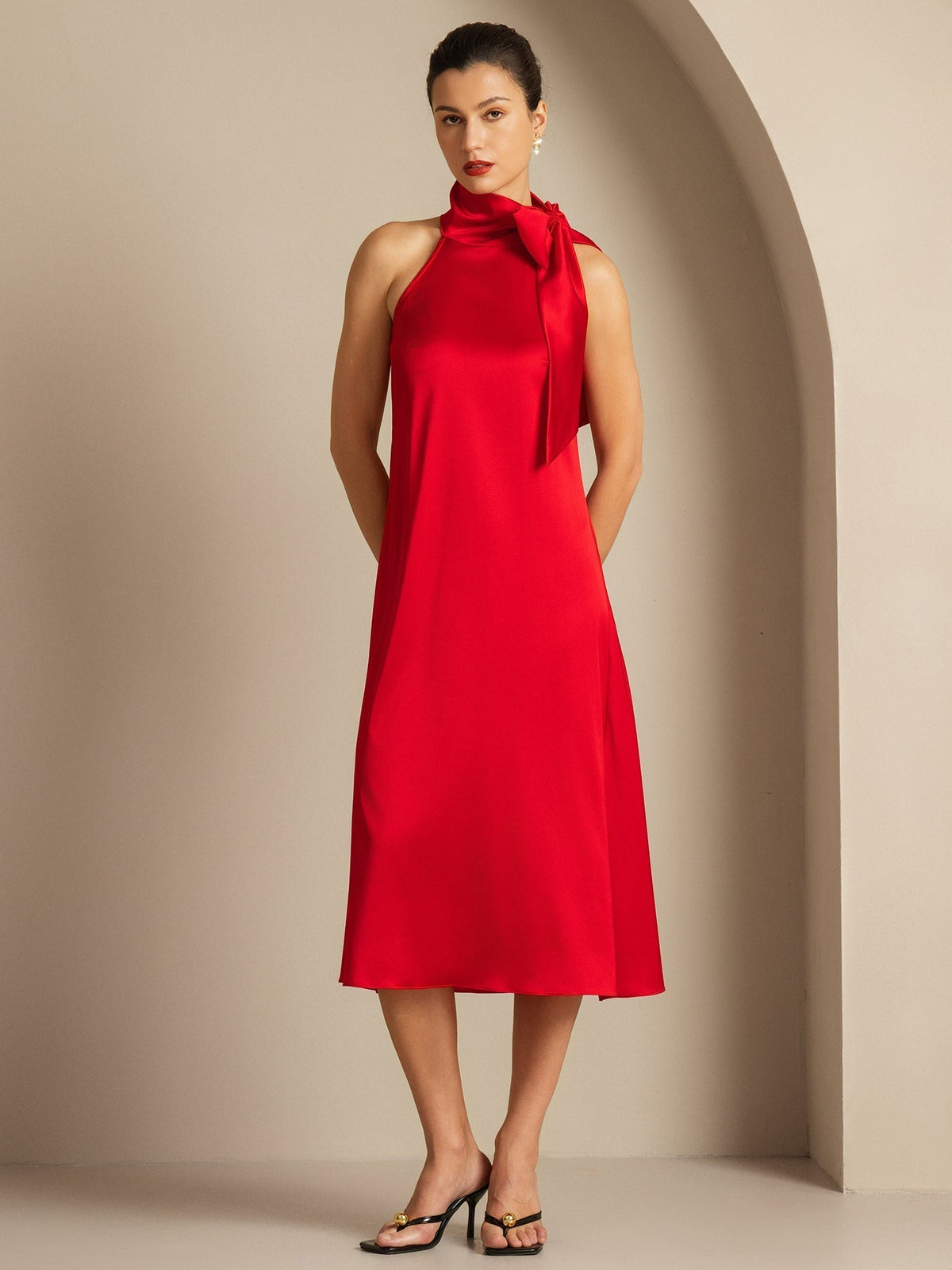 19Momme Silk Sleeveless Tie Neck Midi Dress