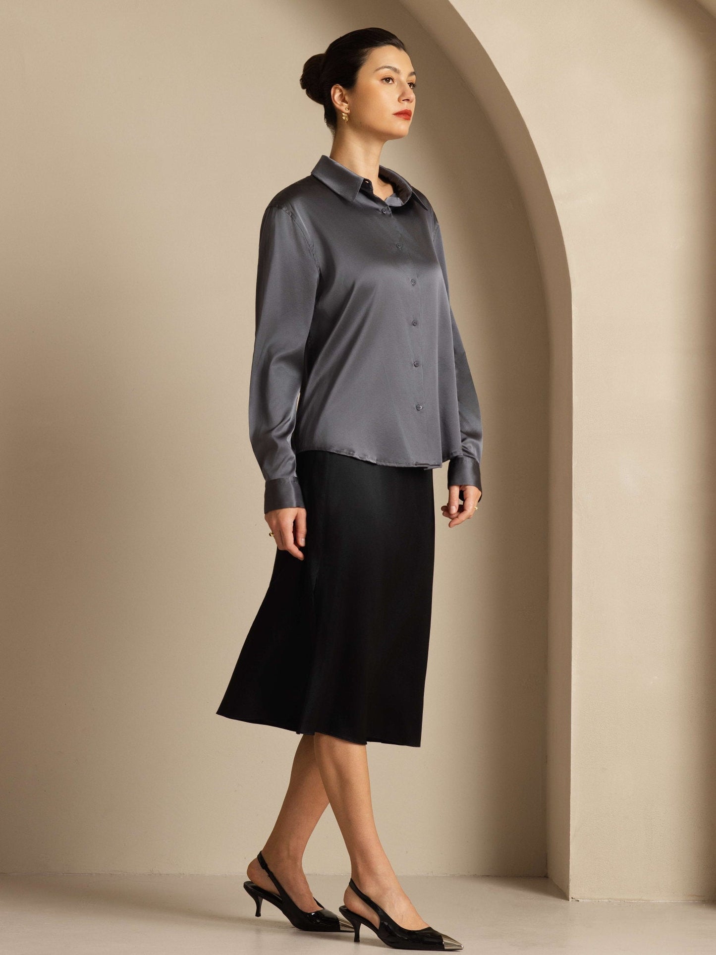 19Momme Silk Long Sleeve Lapel Collar Women's Shirt